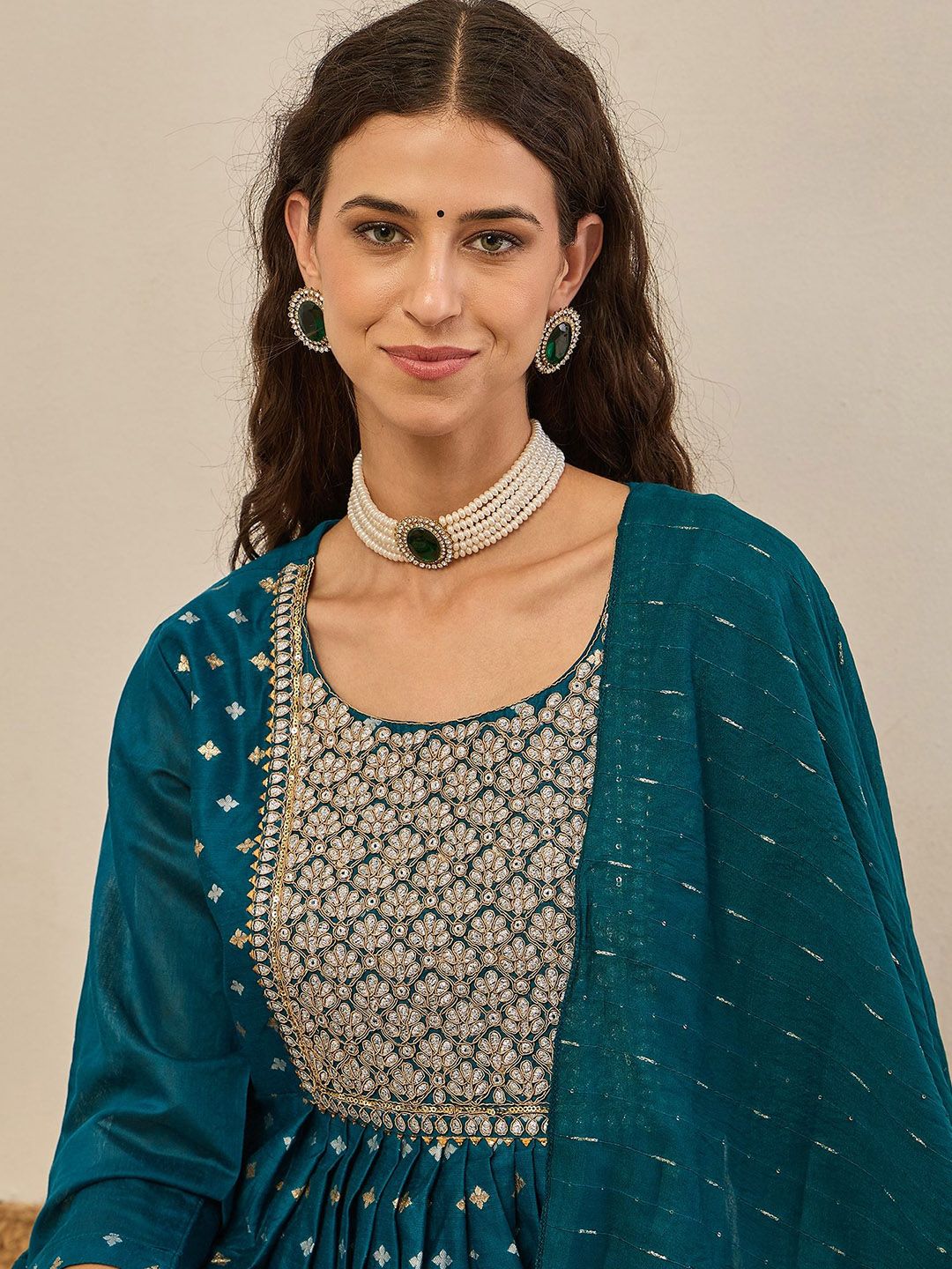 Dhimhi Women's Embroidered Chanderi Silk A-Line Zari Kurta With Trousers & Dupatta