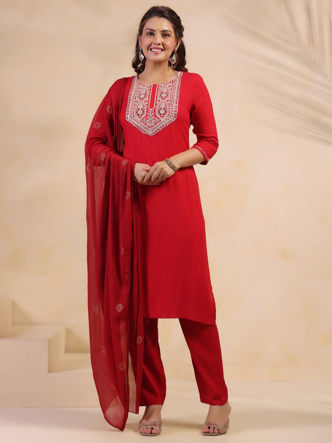 Dhimhi Women's Floral Embroidered Regular Pure Cotton Kurta With Trousers & Dupatta