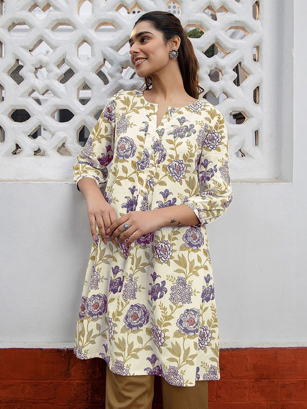 Dhimhi Women's Floral Printed Pure Cotton A-line Tunic