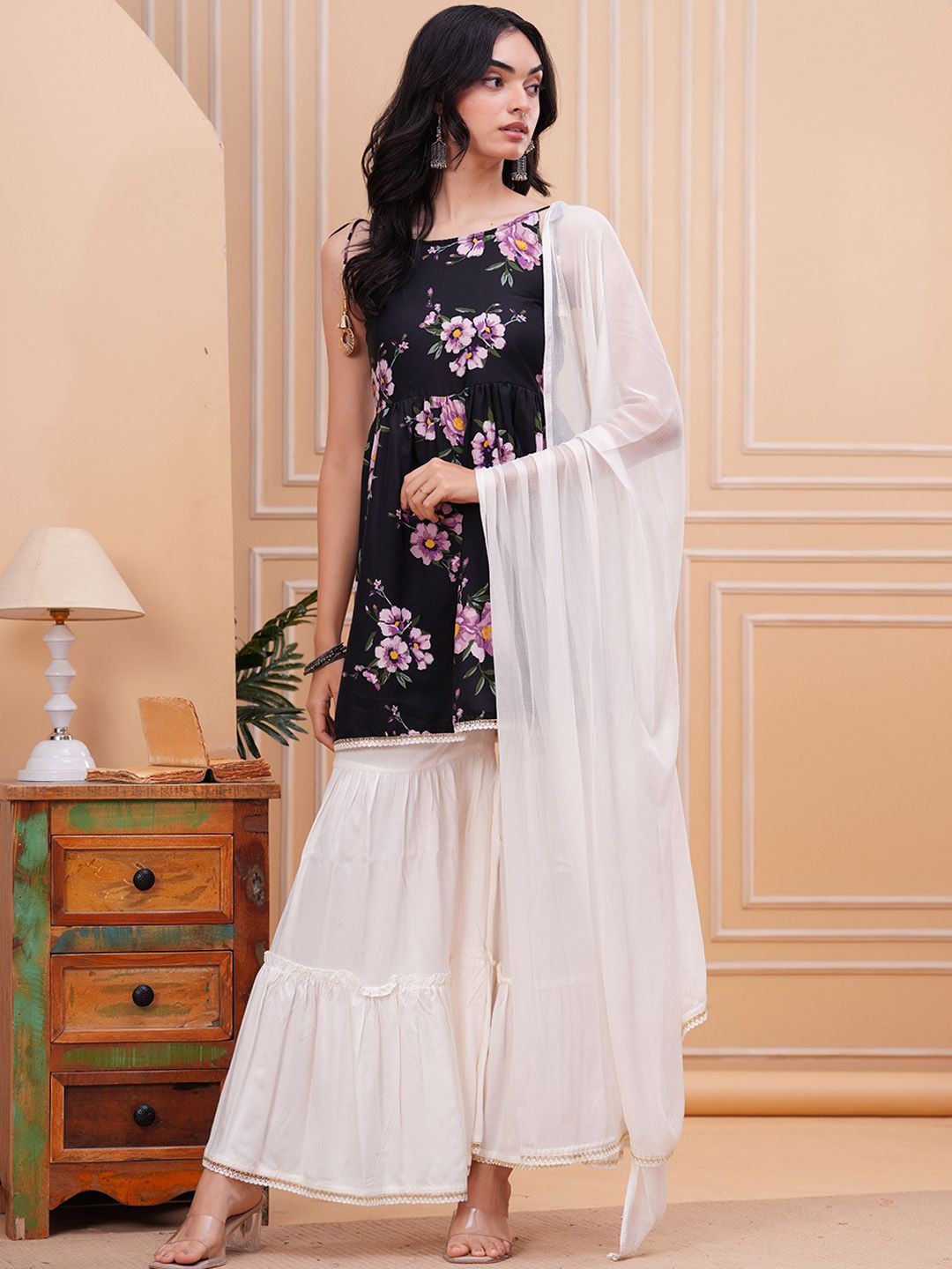 Dhimhi Women's Floral Printed Sleeveless Straight Kurta With Sharara And Dupatta