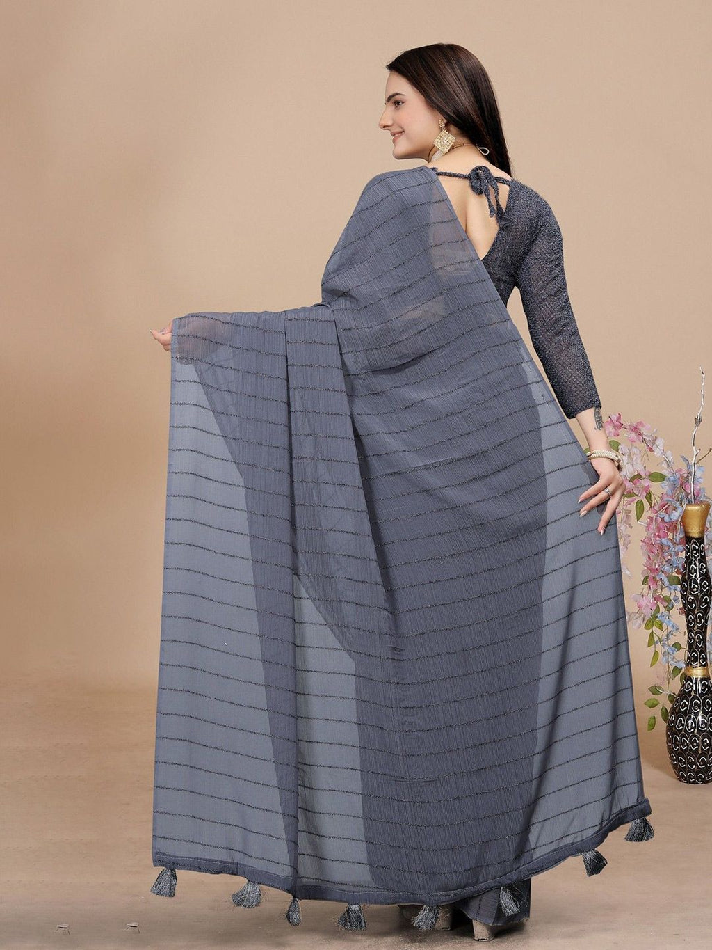 Dhimhi Women's Striped Pure Chiffon Saree