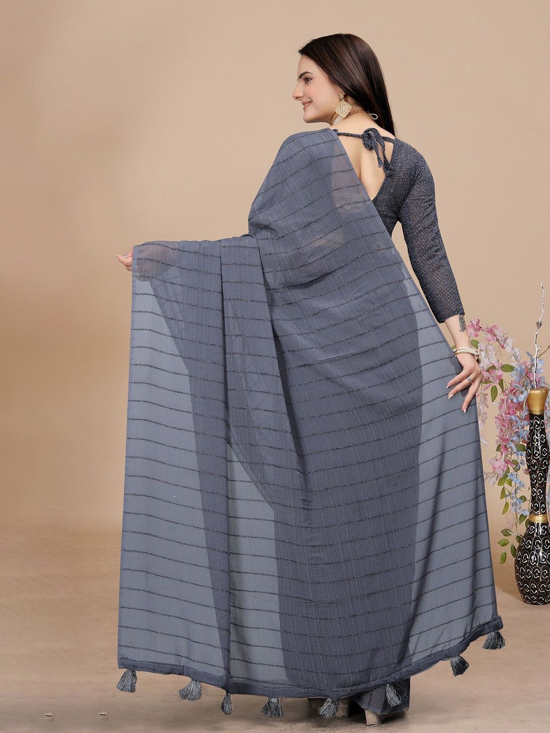 Dhimhi Women's Striped Pure Chiffon Saree