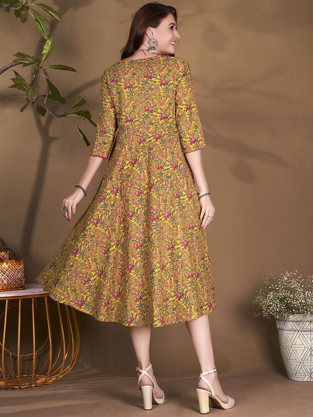 Dhimhi Women's Floral Printed Cotton Fit & Flare Ethnic Dress