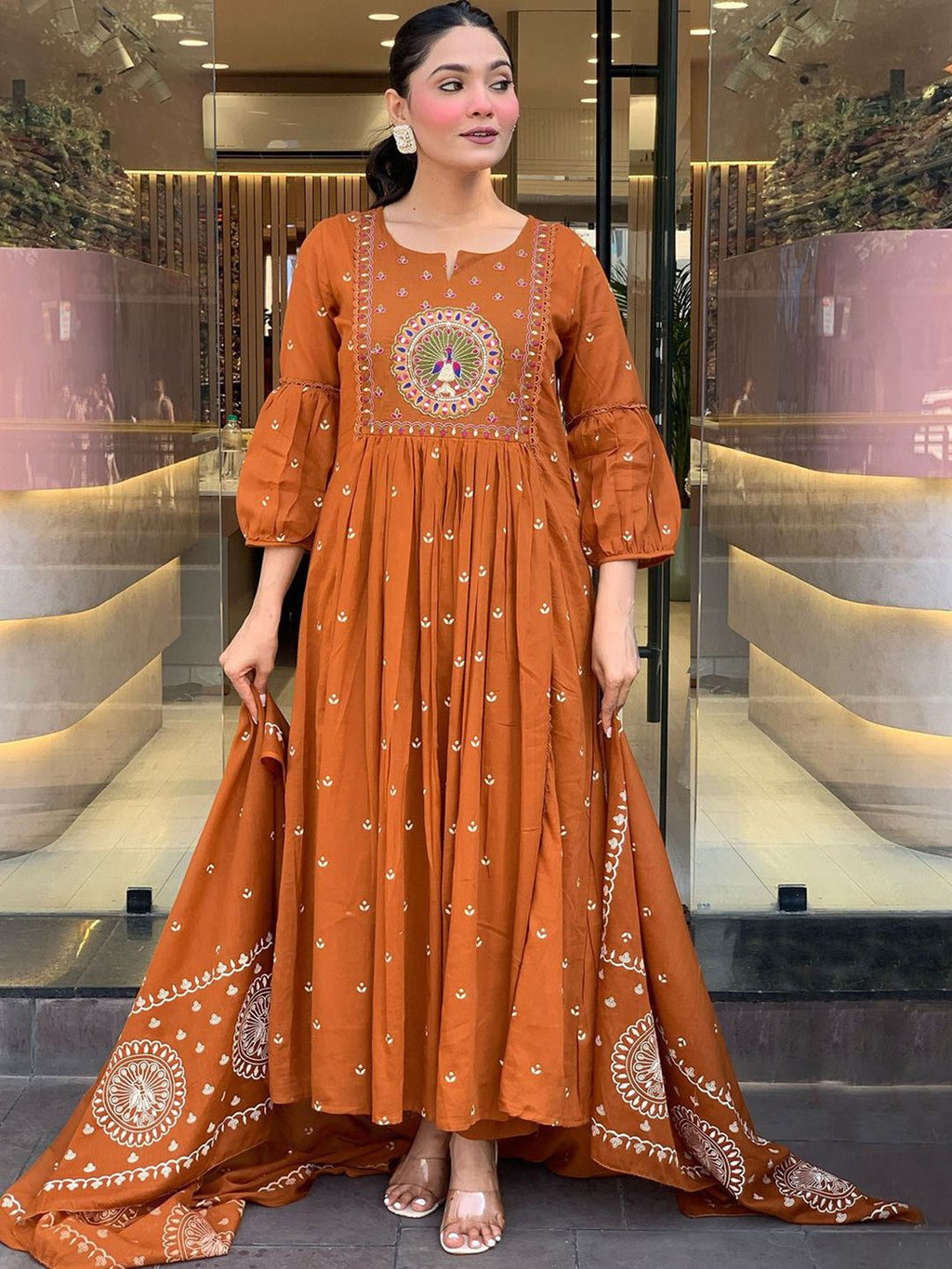 Dhimhi Women's Woven Design Embroidered Anarkali Kurta with Trousers & Dupatta