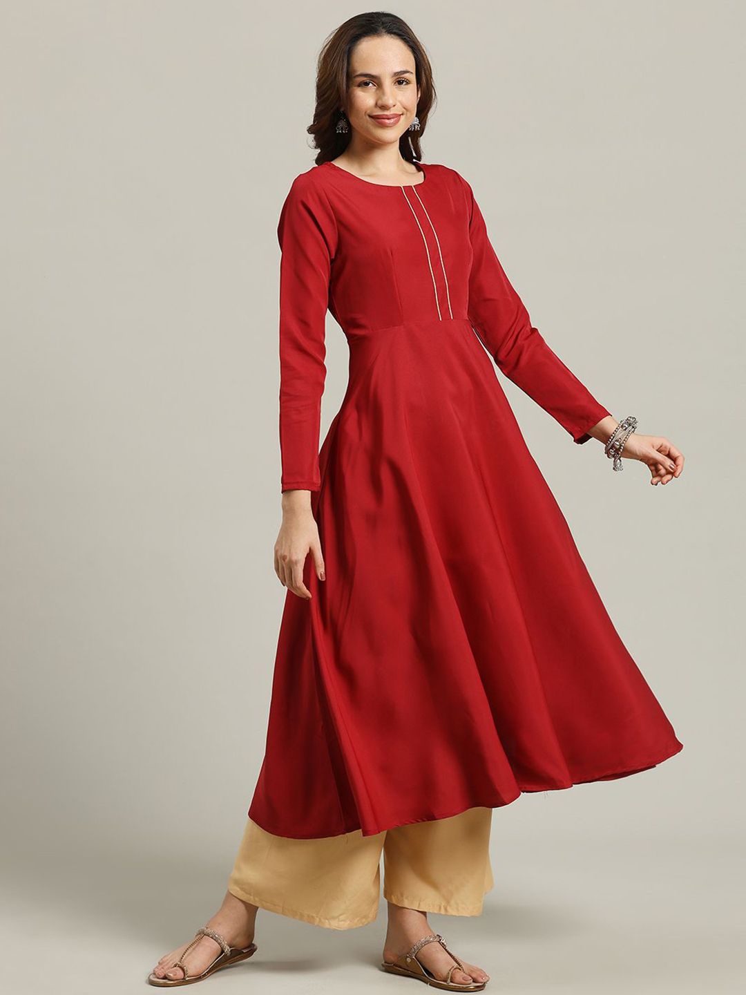 Round Neck Long Sleeves Anarkali Kurta With Georgette Dupatta