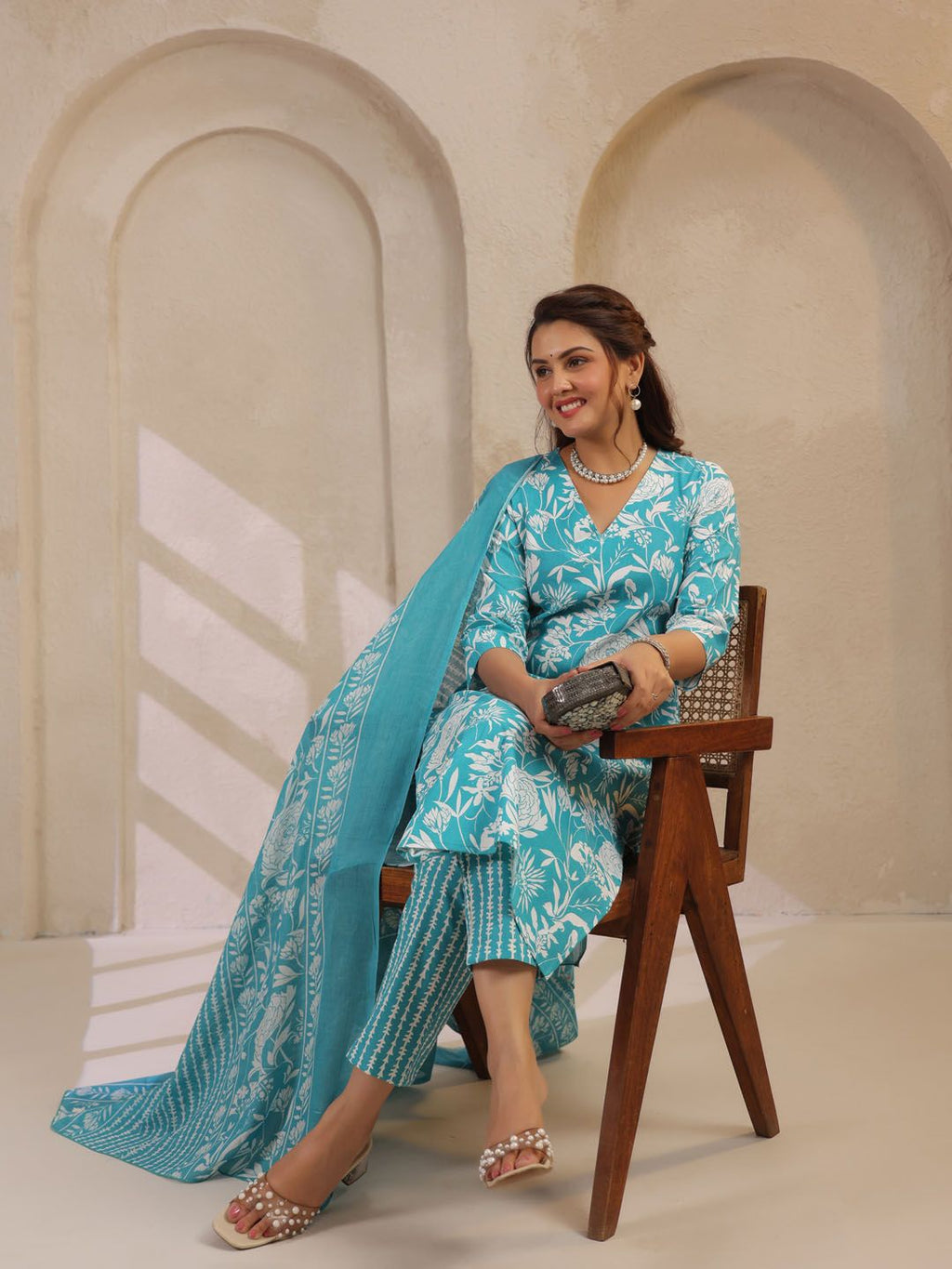 Dhimhi Women's Floral Printed Cotton Kurta with Trousers & Dupatta