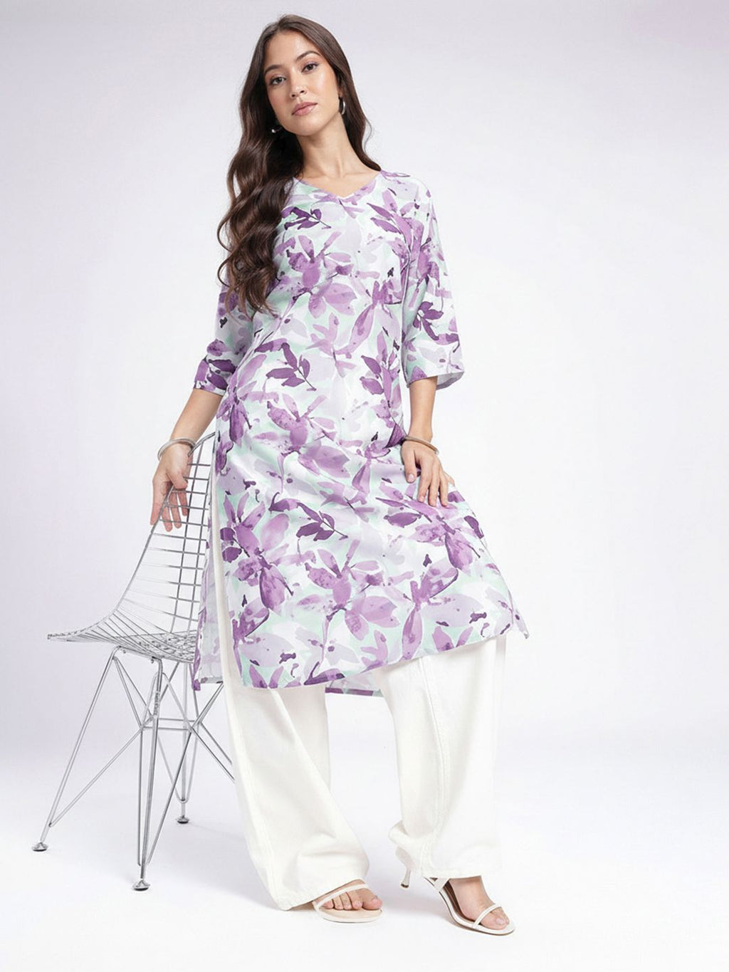 V-Neck Floral Printed Straight Kurta