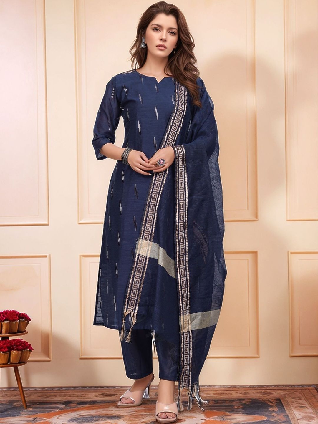 Dhimhi Women's Ethnic Motifs Printed Regular Kurta with Trousers & With Dupatta