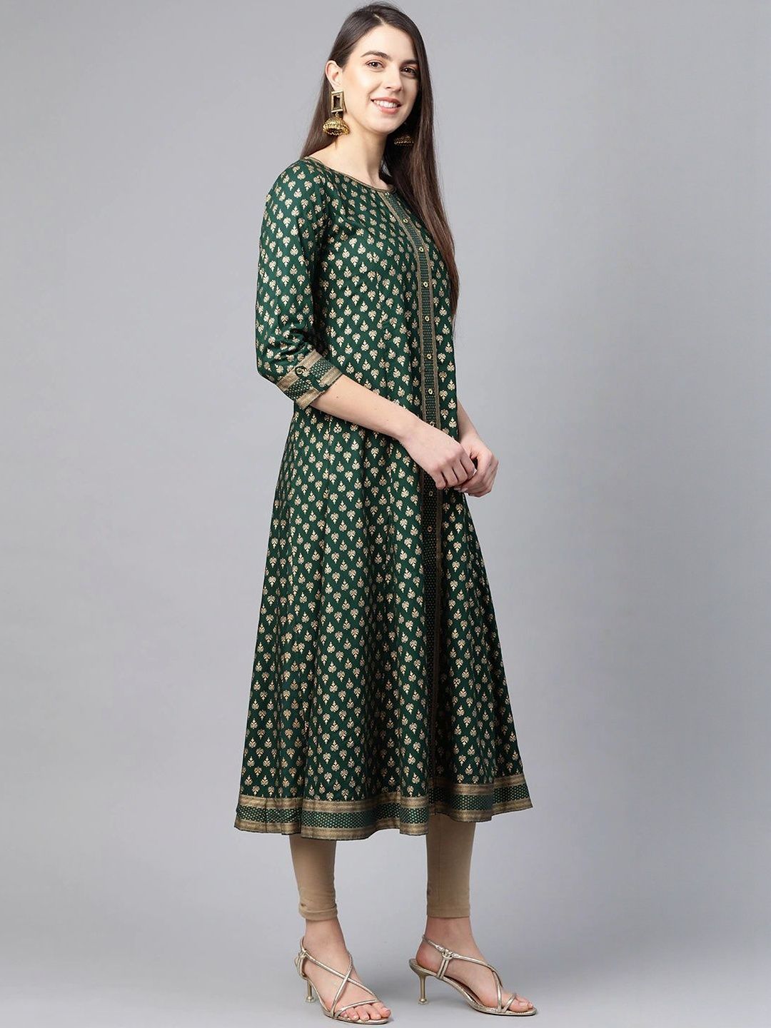 Women Green Viscose Rayon Printed A-Line Kurtas