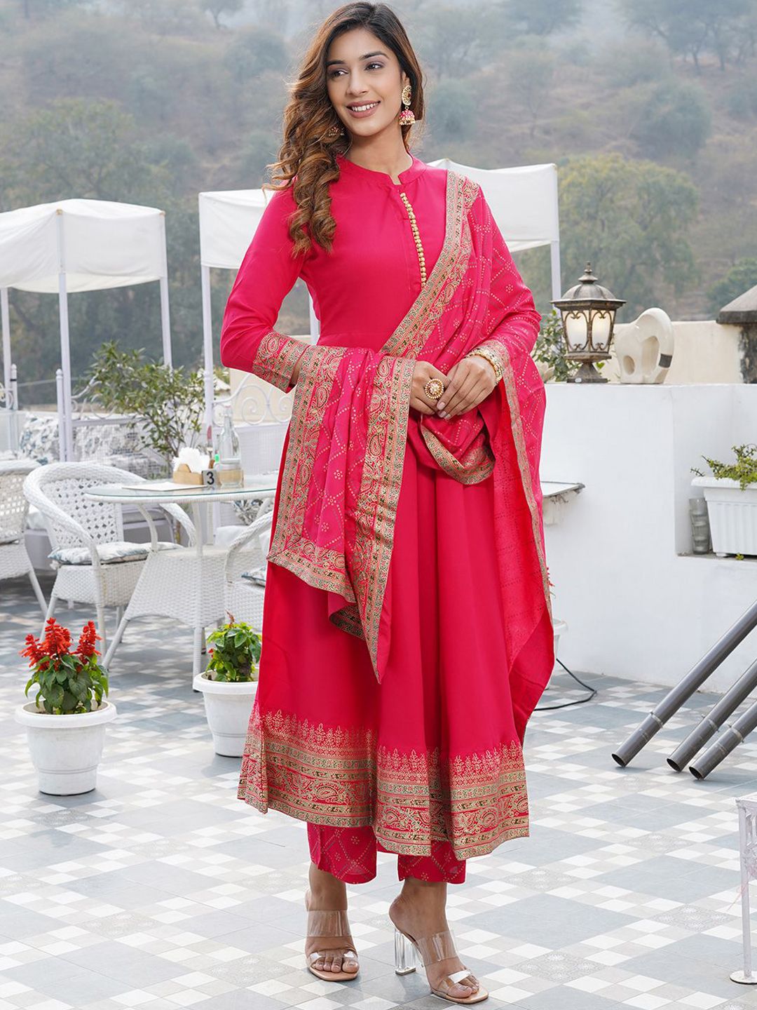 Dhimhi Women's Ethnic Motifs Printed Mandarin Collar Anarkali Kurta with Trouser & Dupatta