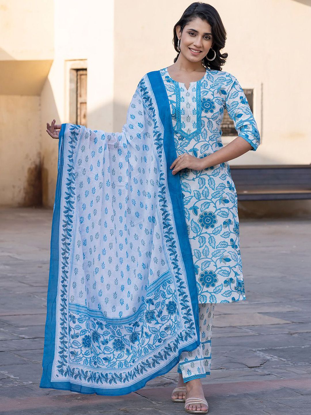 Dhimhi Women's Floral Printed Straight Pure Cotton Kurta With Trousers & Dupatta