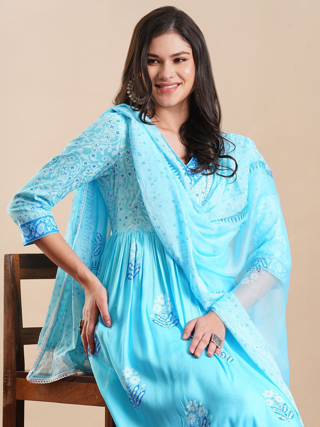 Dhimhi Women's Floral Printed Regular Anarkali Kurta with Trousers & Dupatta