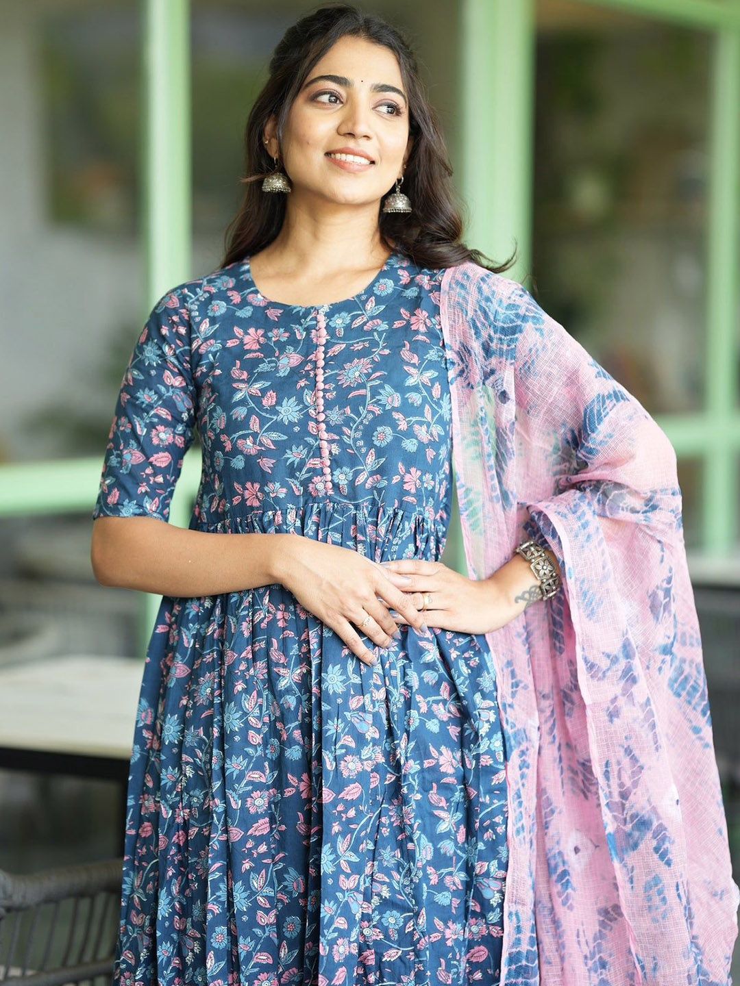 Dhimhi Women's Floral Printed Pleated Kurta with Trouser & Dupatta