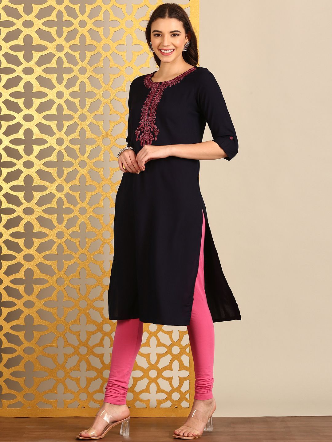 Floral Yoke Design Round Neck Thread Work Straight Kurta