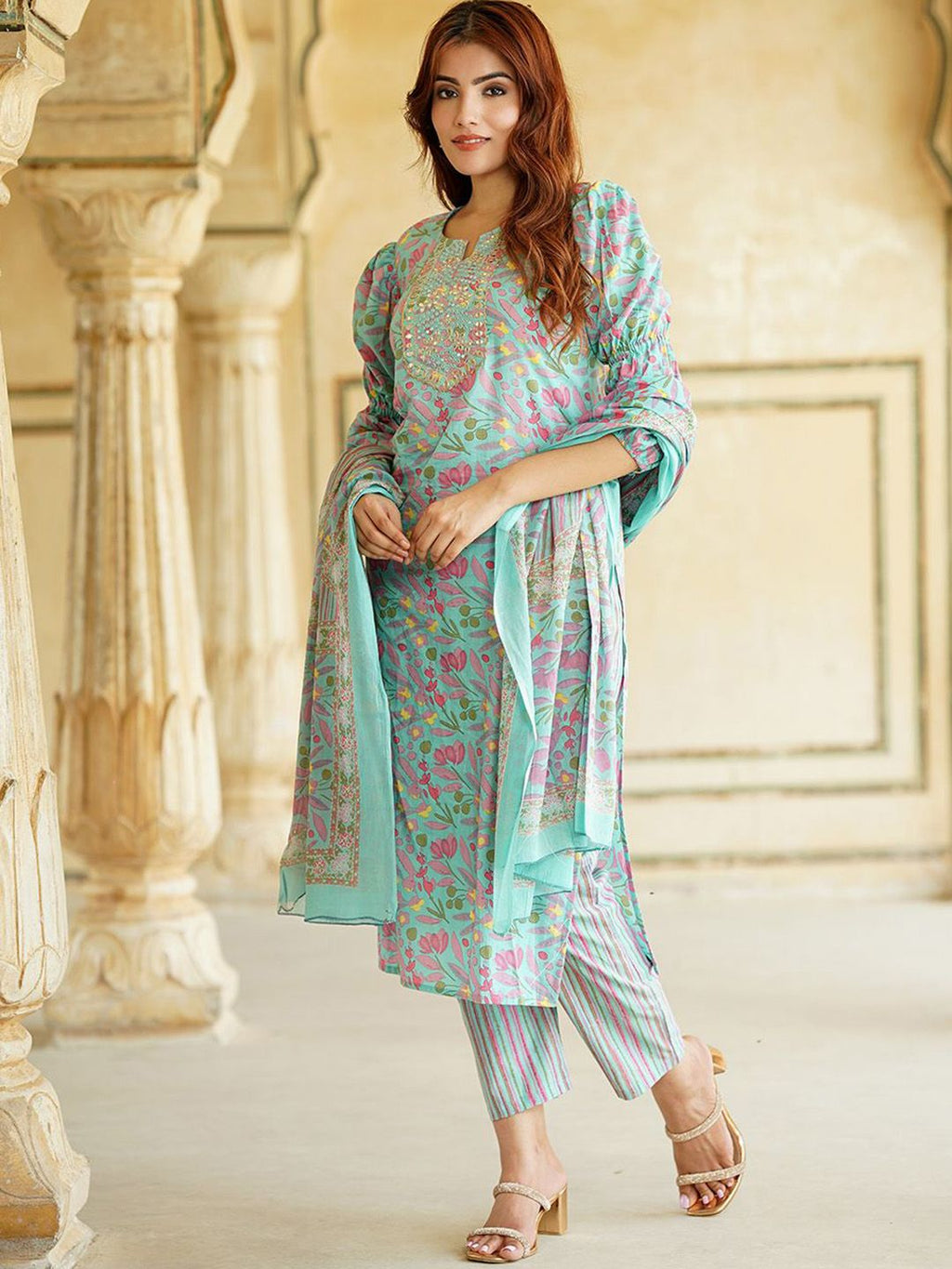 Dhimhi Women's Floral Printed Mirror Work Pure Cotton Straight Kurta With Trousers & Dupatta
