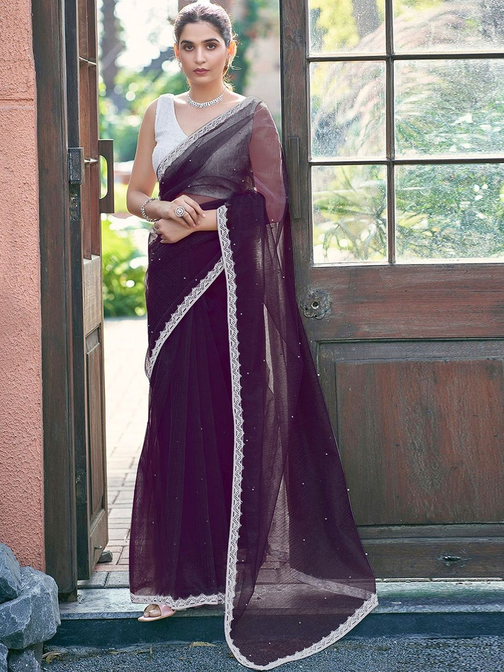 Dhimhi Women's Embellished Beads and Stones Supernet Saree