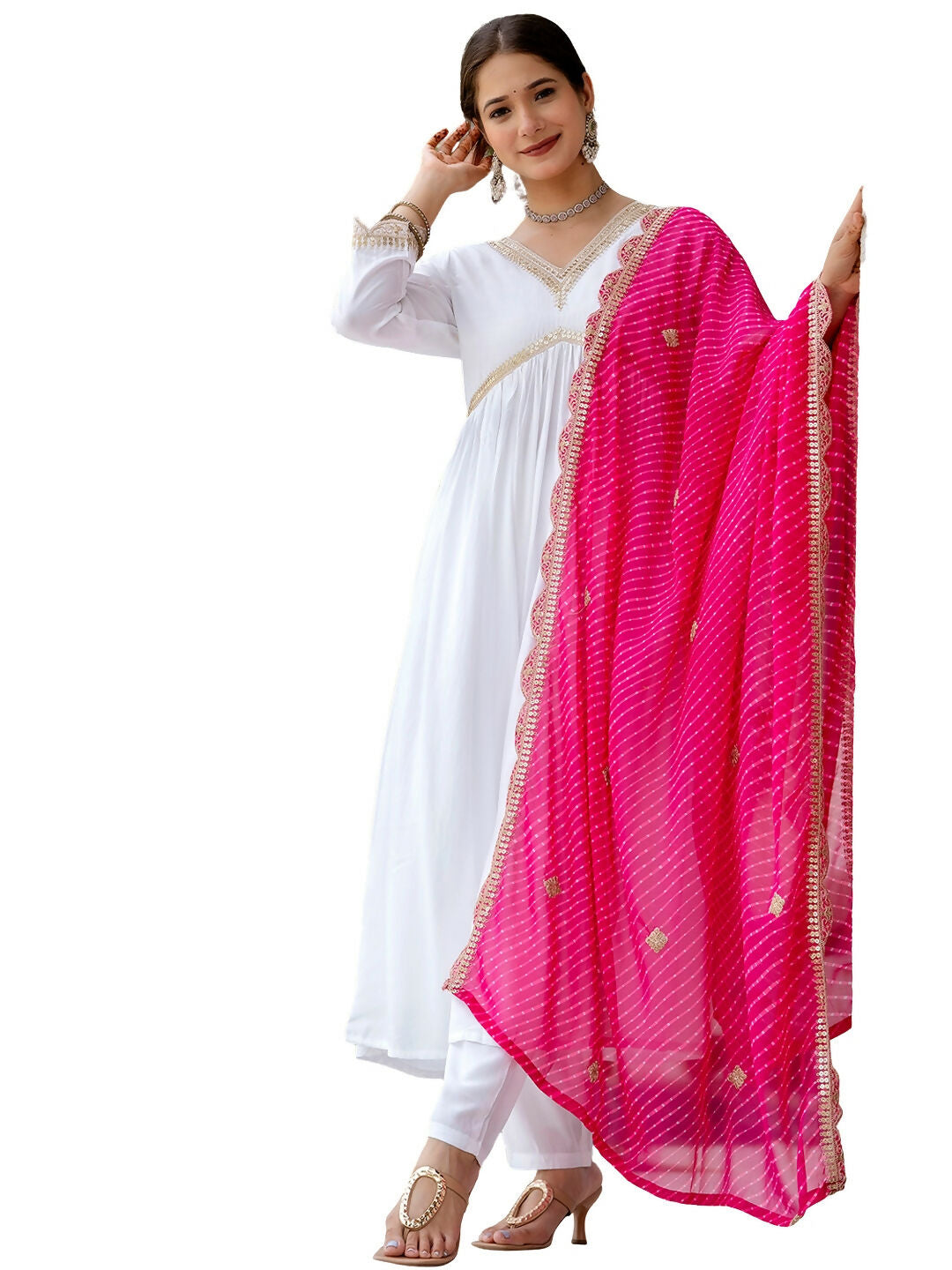 Dhimhi Women's White Women's Gorgeous Embroidered Chanderi Fabric Straight Kurta, Pant and Dupatta Set