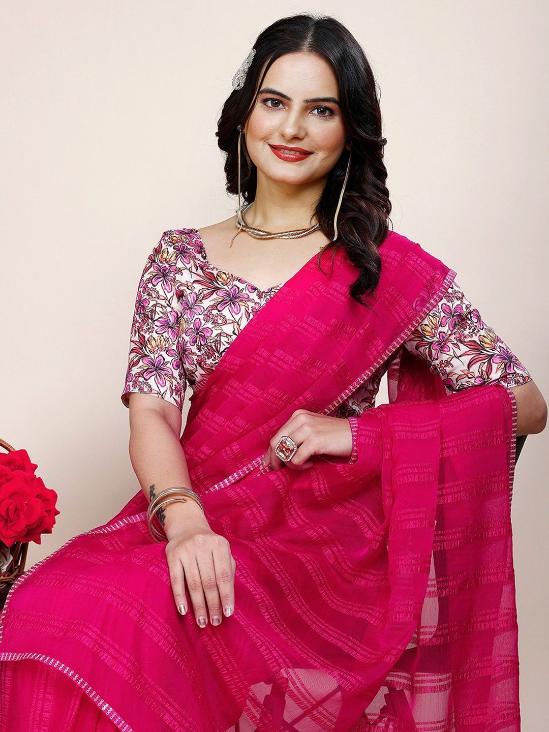 Dhimhi Women's Striped Pure Chiffon Saree With Unstitched Blouse Piece