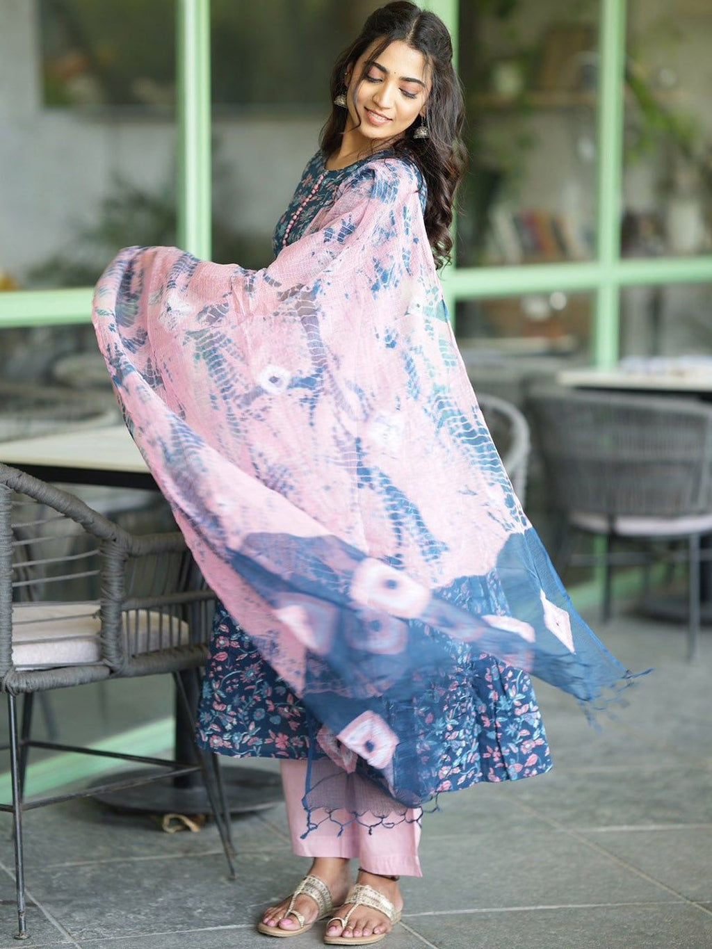 Dhimhi Women's Floral Printed Pleated Kurta with Trouser & Dupatta