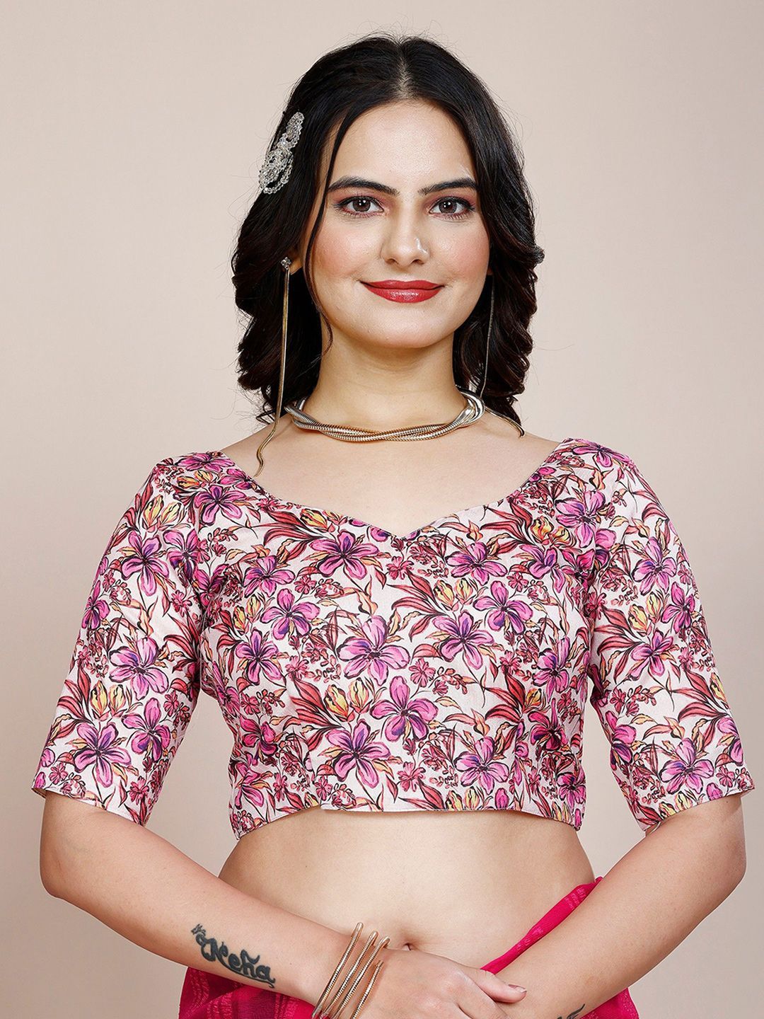 Dhimhi Women's Striped Pure Chiffon Saree With Unstitched Blouse Piece