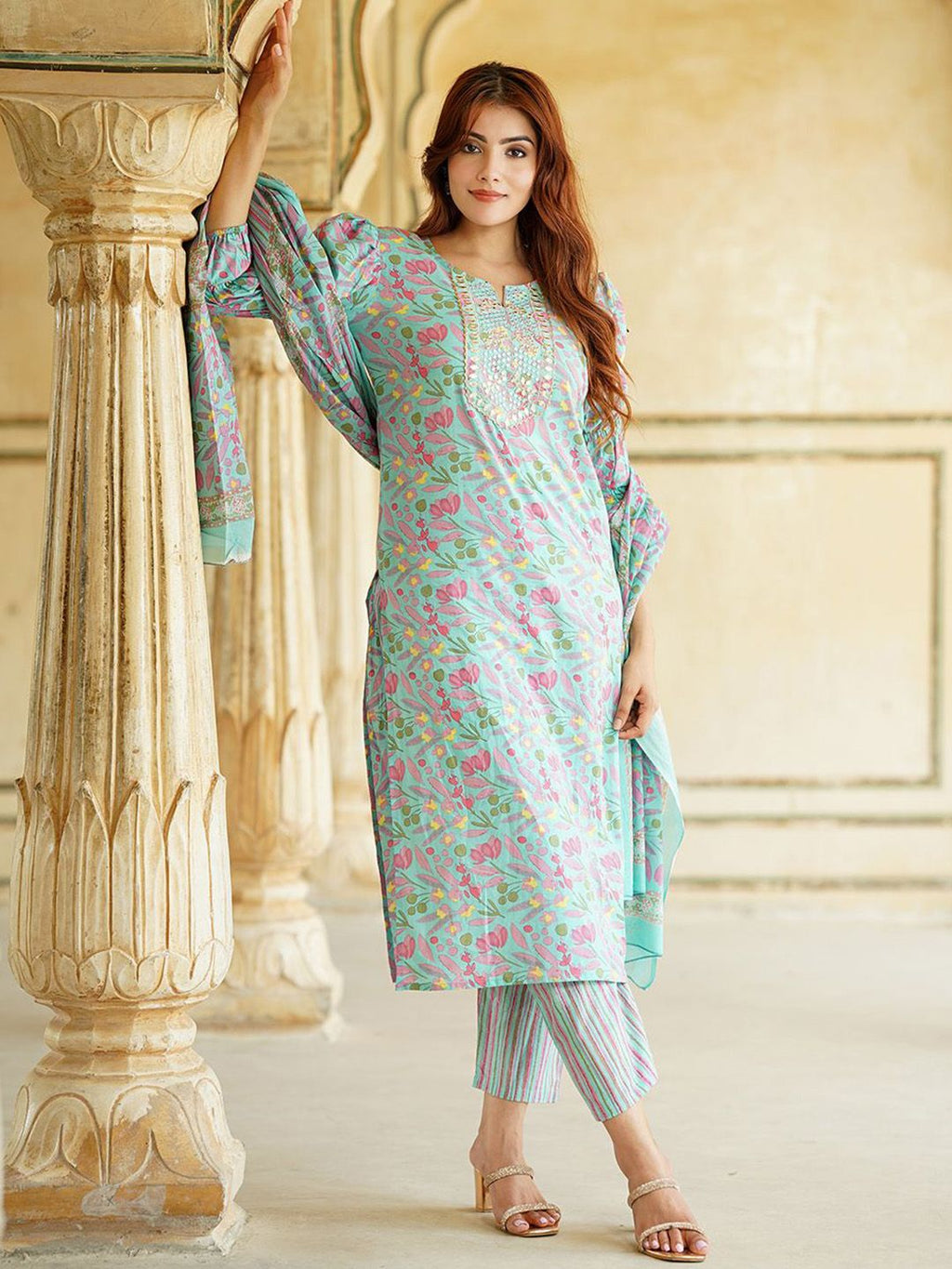 Dhimhi Women's Floral Printed Mirror Work Pure Cotton Straight Kurta With Trousers & Dupatta