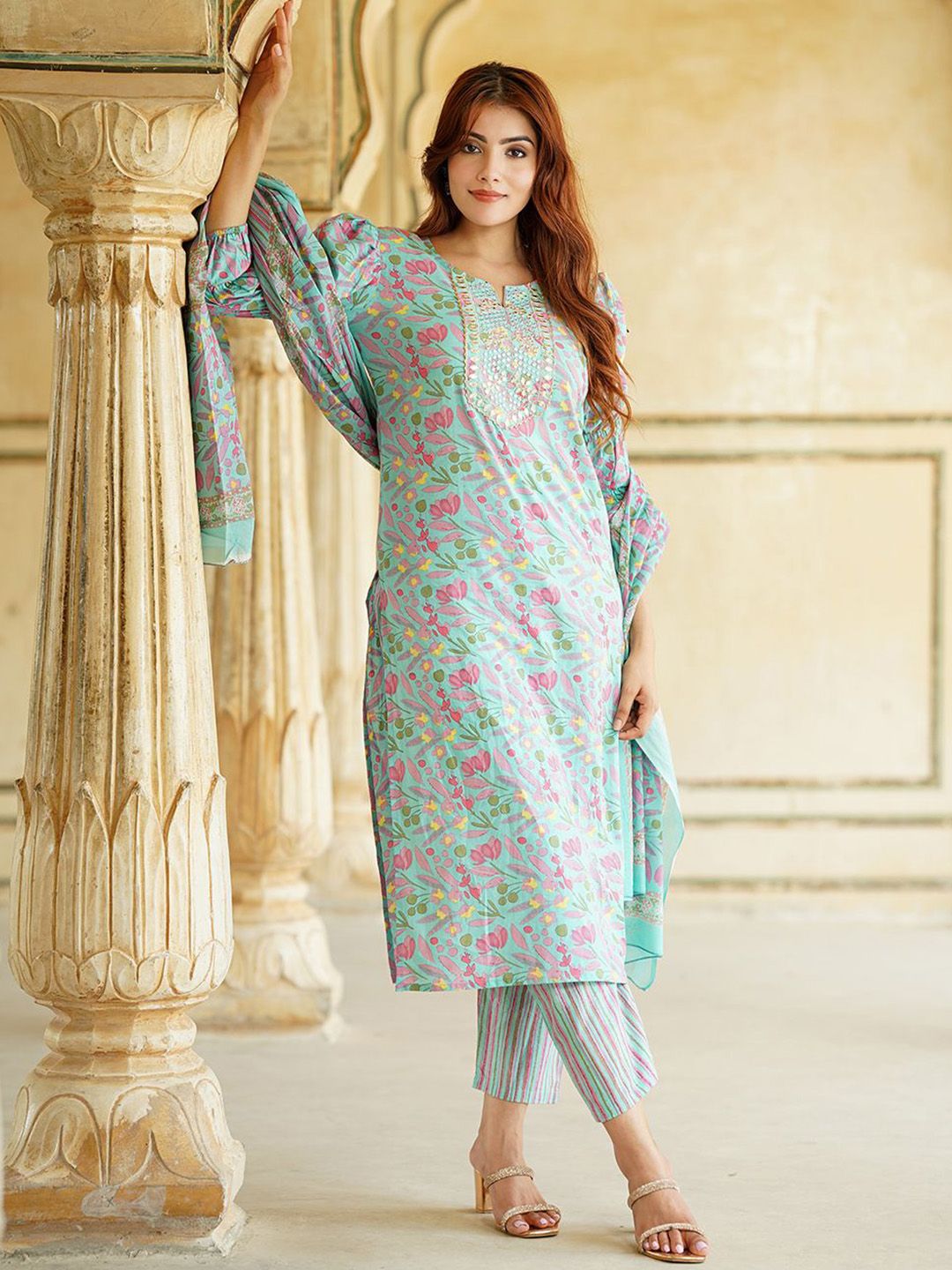 Dhimhi Women's Floral Printed Mirror Work Pure Cotton Straight Kurta With Trousers & Dupatta