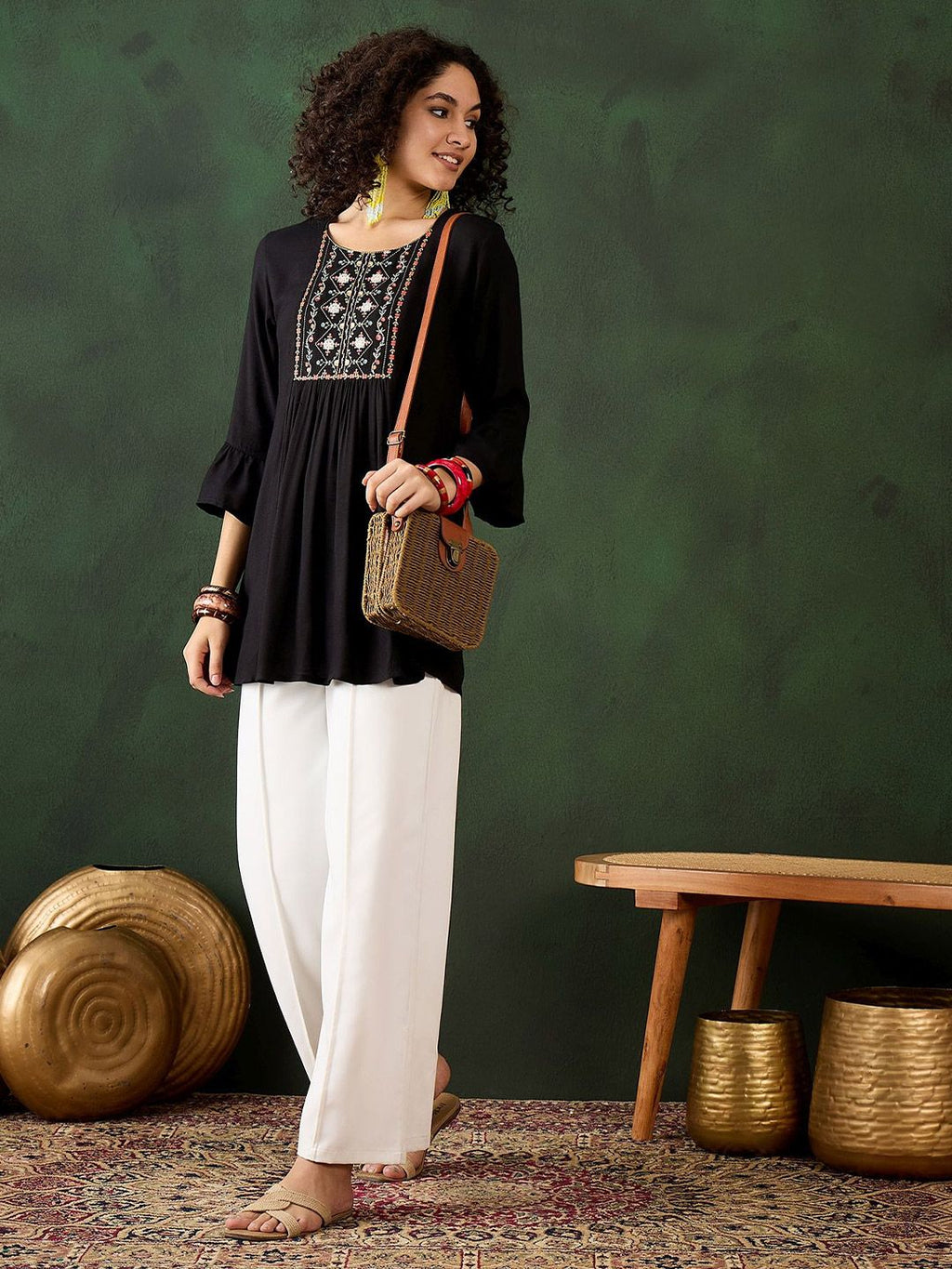 Dhimhi Women's Floral Embroidered Round Neck Top