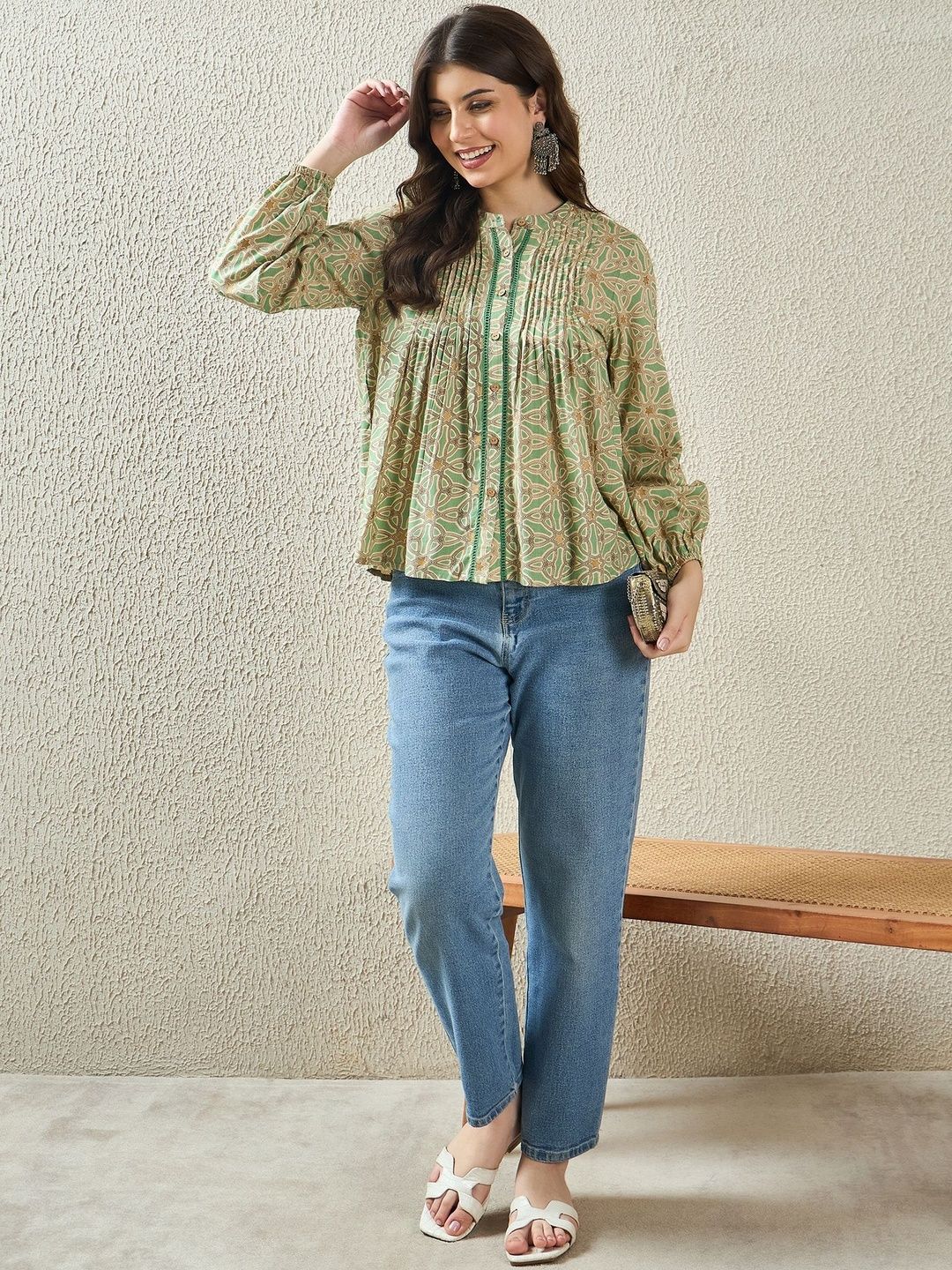 Dhimhi Women's Anouk Ethnic Motifs High Neck Regular Top