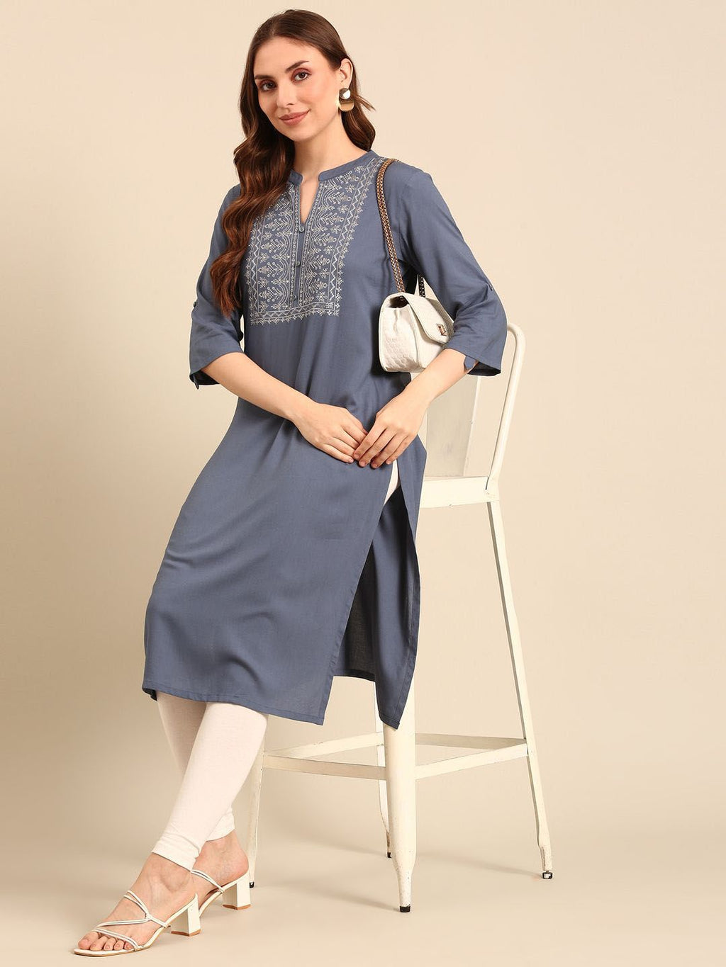 Grey Floral Yoke Designed Mandarin Collar Thread Work Cotton Straight Kurta
