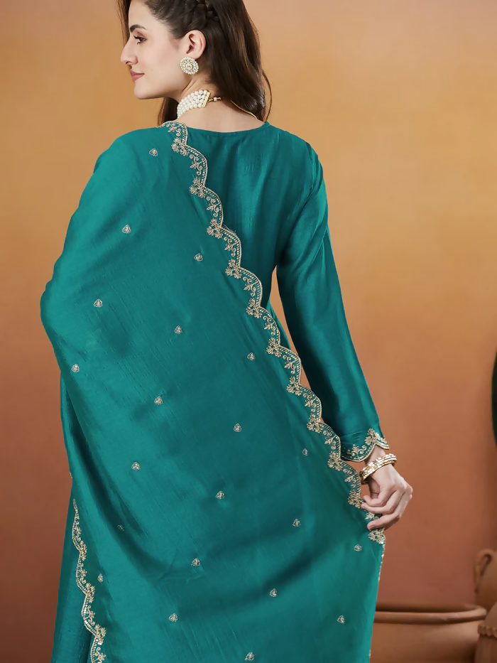 Dhimhi women's Vichitra silk kurta set with embroidered work, flared anarkali pants, and matching dupatta, elegant traditional attire