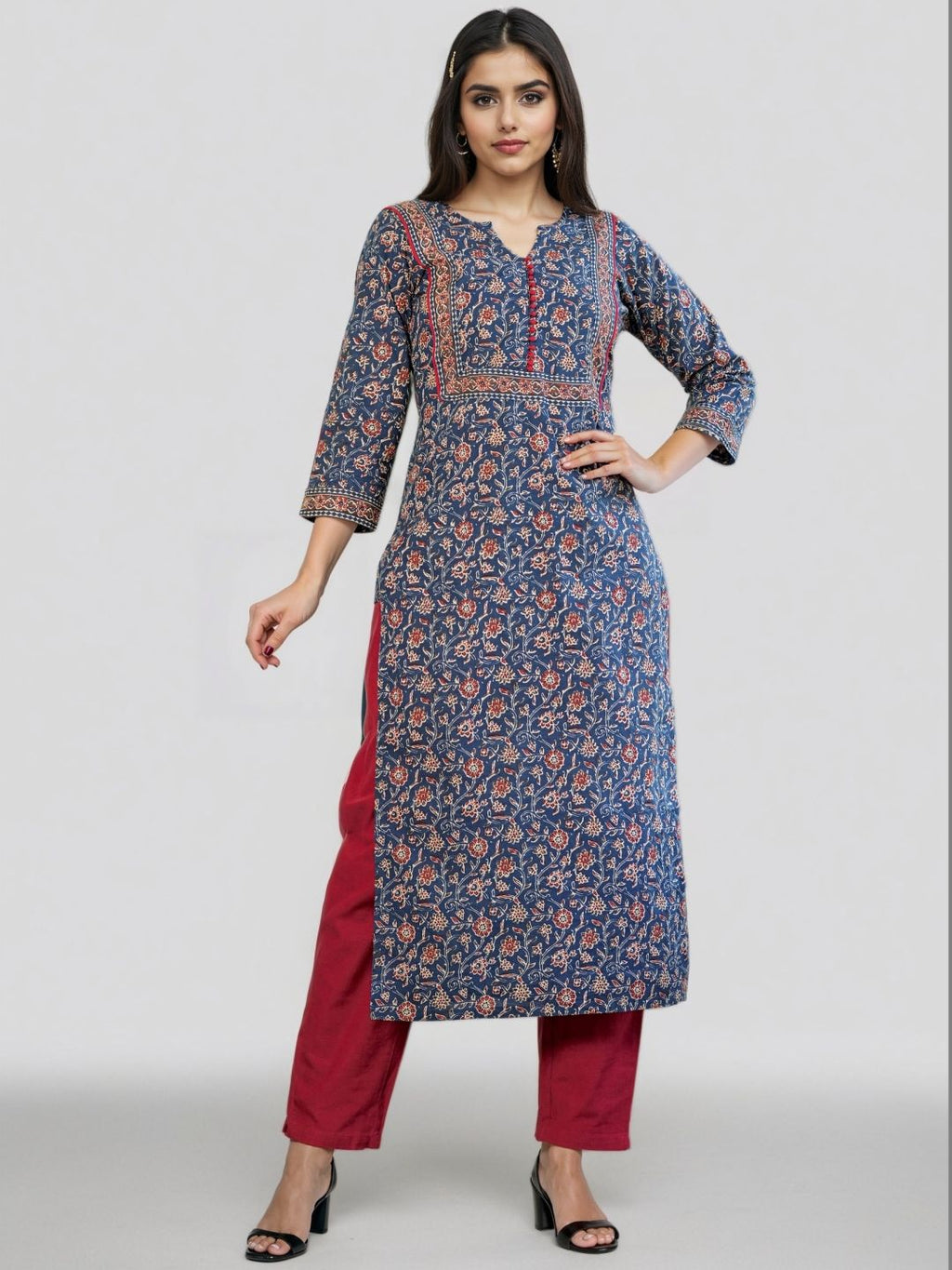 Floral Printed Notch Neck Pure Cotton Straight Kurta