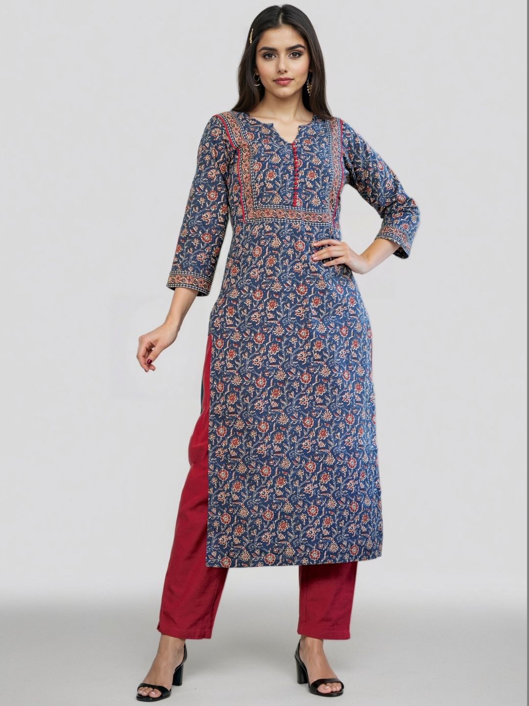 Floral Printed Notch Neck Pure Cotton Straight Kurta