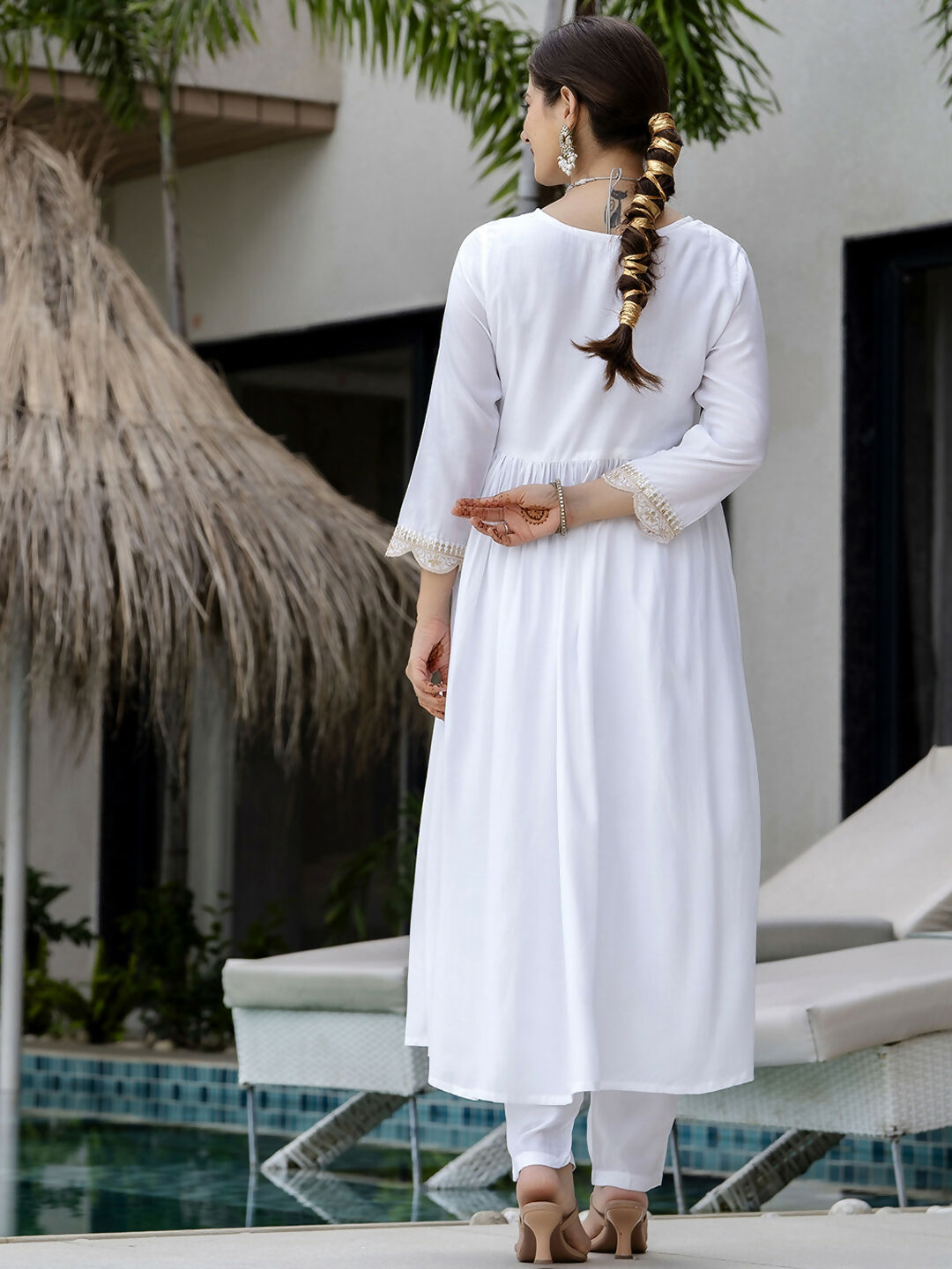 Dhimhi Women's White Women's Gorgeous Embroidered Chanderi Fabric Straight Kurta, Pant and Dupatta Set