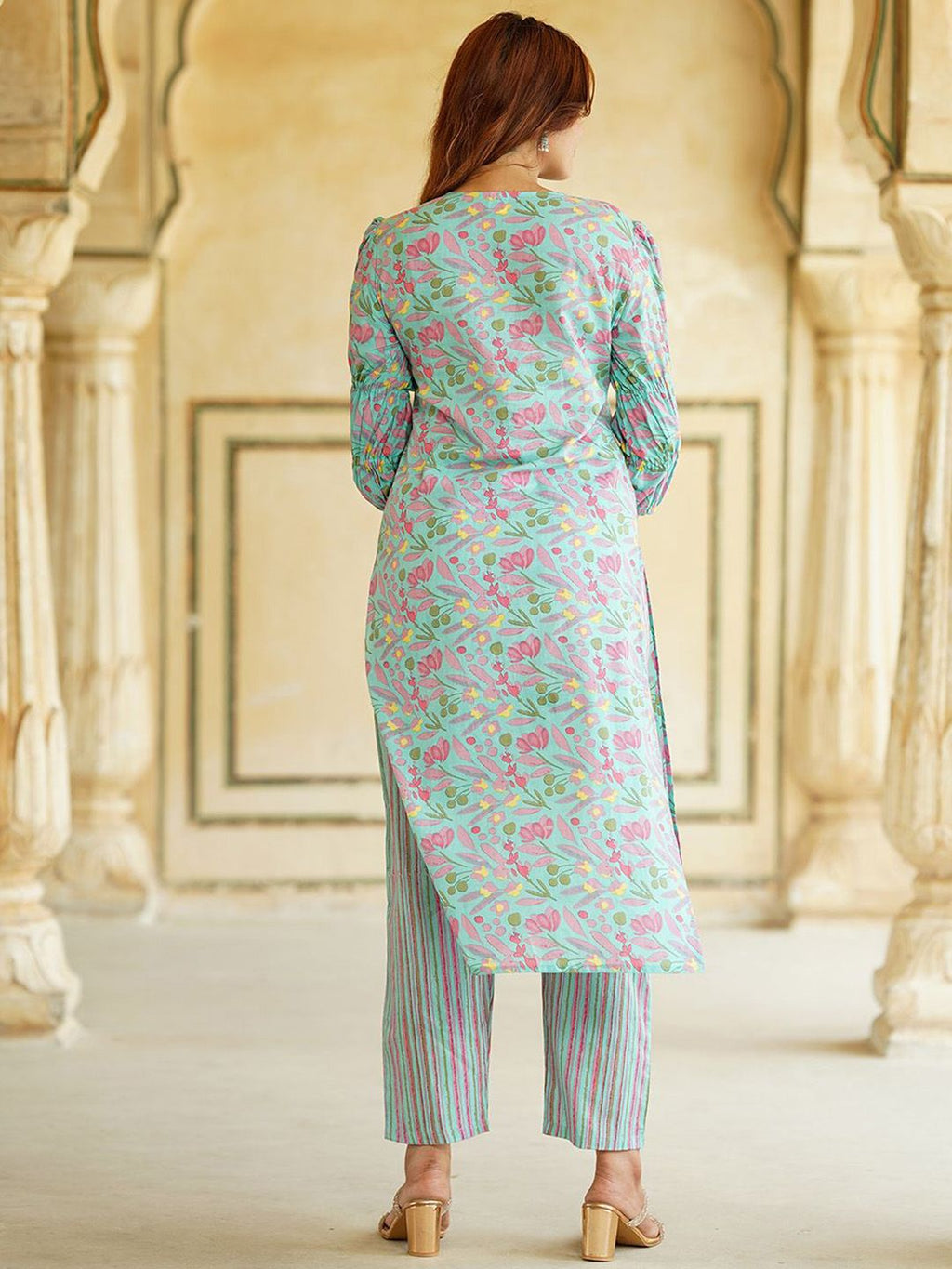 Dhimhi Women's Floral Printed Mirror Work Pure Cotton Straight Kurta With Trousers & Dupatta