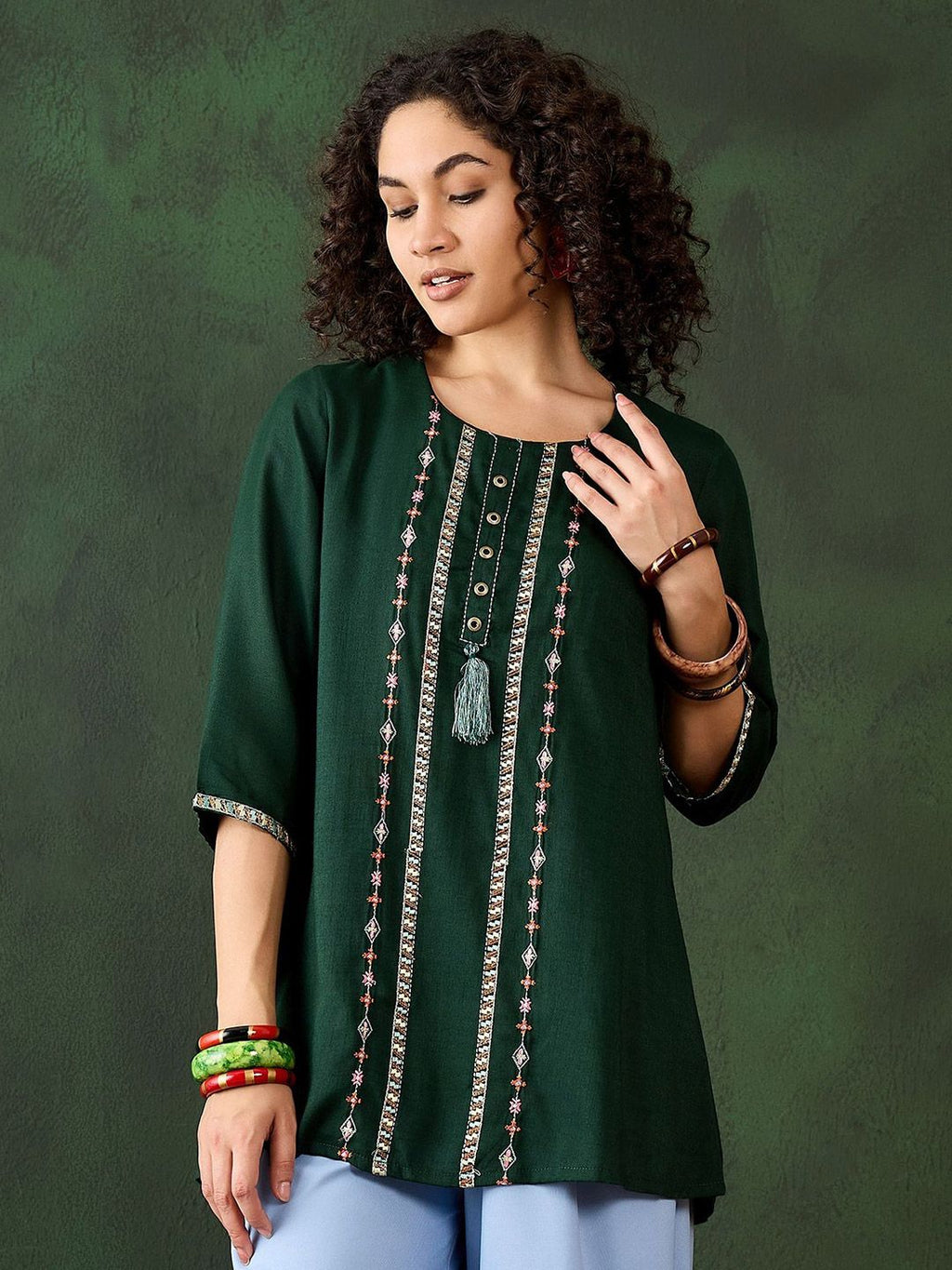 Dhimhi Women's Ethnic Motifs Embroidered Round Neck Top