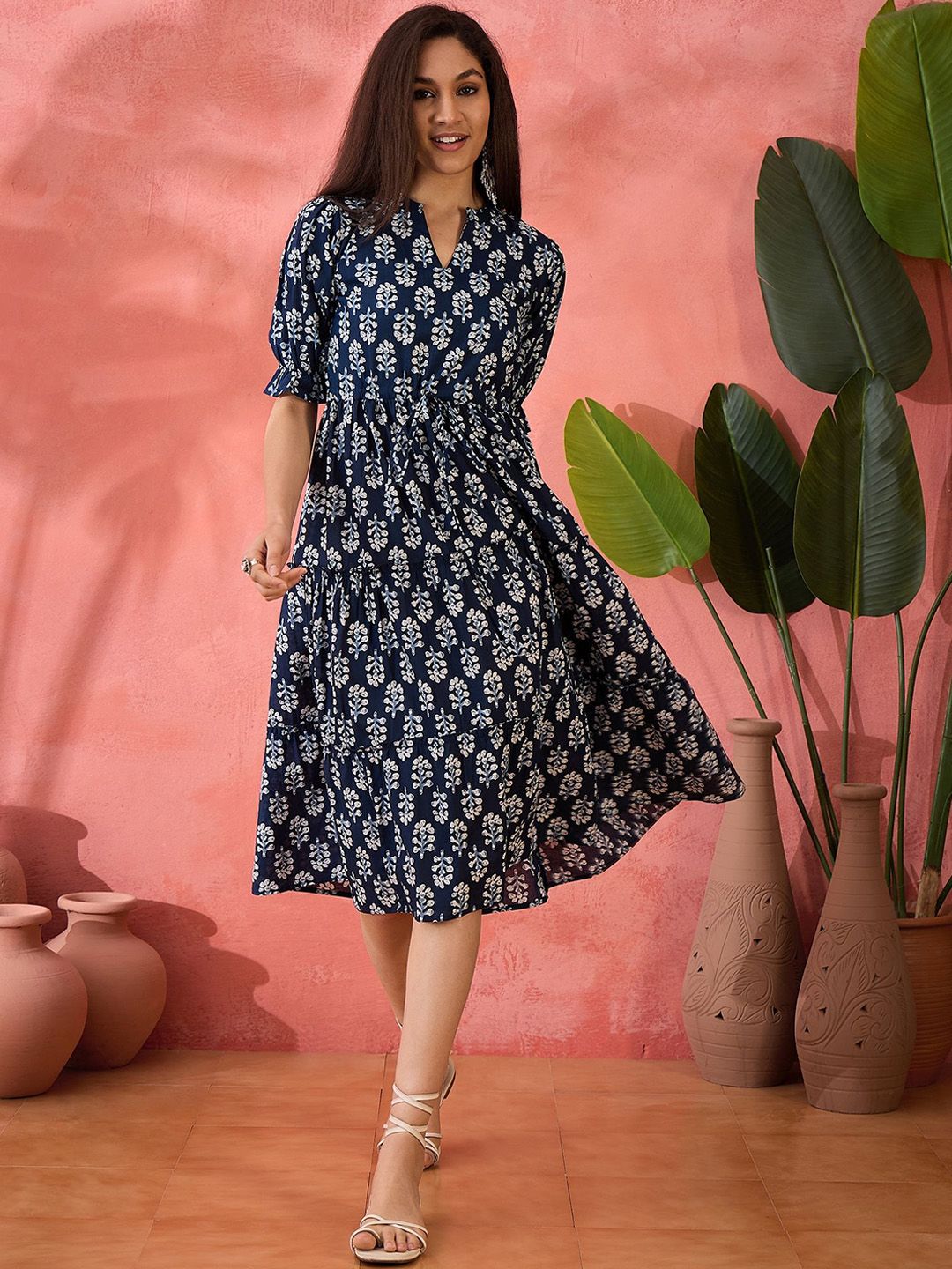 Dhimhi Women's Printed Pure Cotton A-Line Ethnic Dress