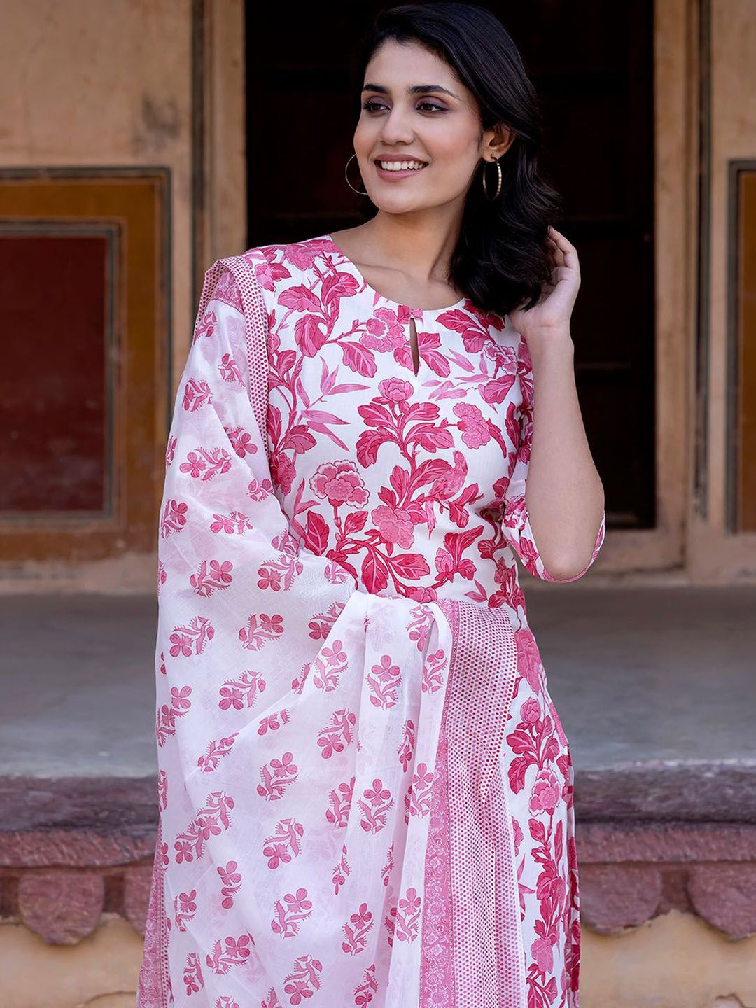 Dhimhi Women's Floral Printed Straight Pure Cotton Kurta With Trousers & Dupatta