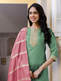 Dhimhi Women's Green Silk Blend Embroidered Straight Kurta Trousers With Dupatta