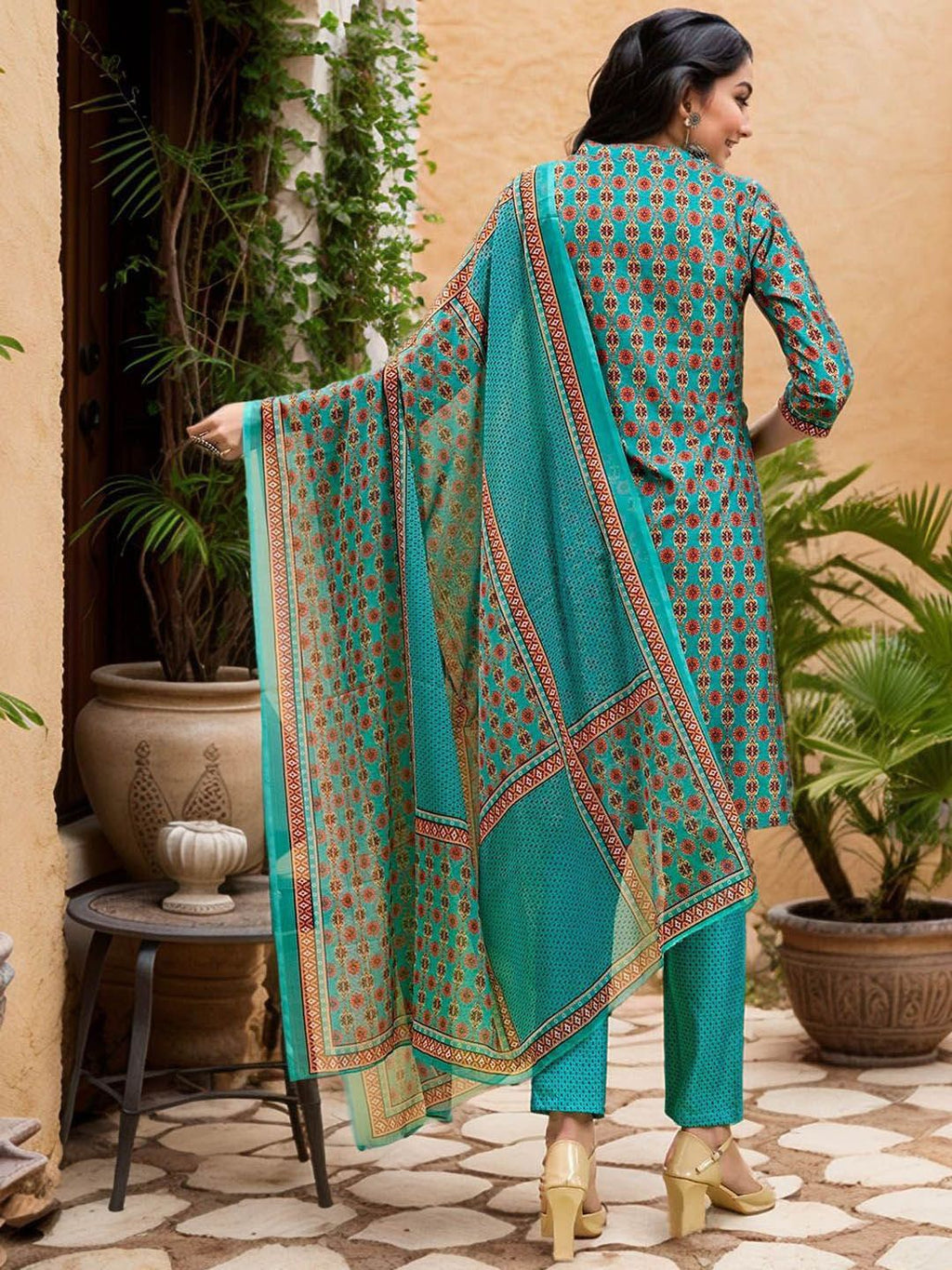 Dhimhi Women's Ethnic Motifs Printed Mandarin Collar Straight Kurta With Trousers & Dupatta