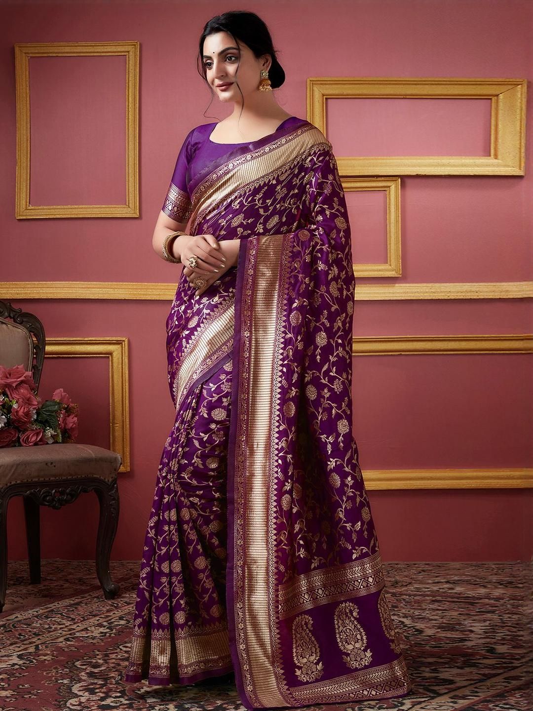 Dhimhi Women's Woven Design Zari Silk Blend Banarasi Saree - dhimhi