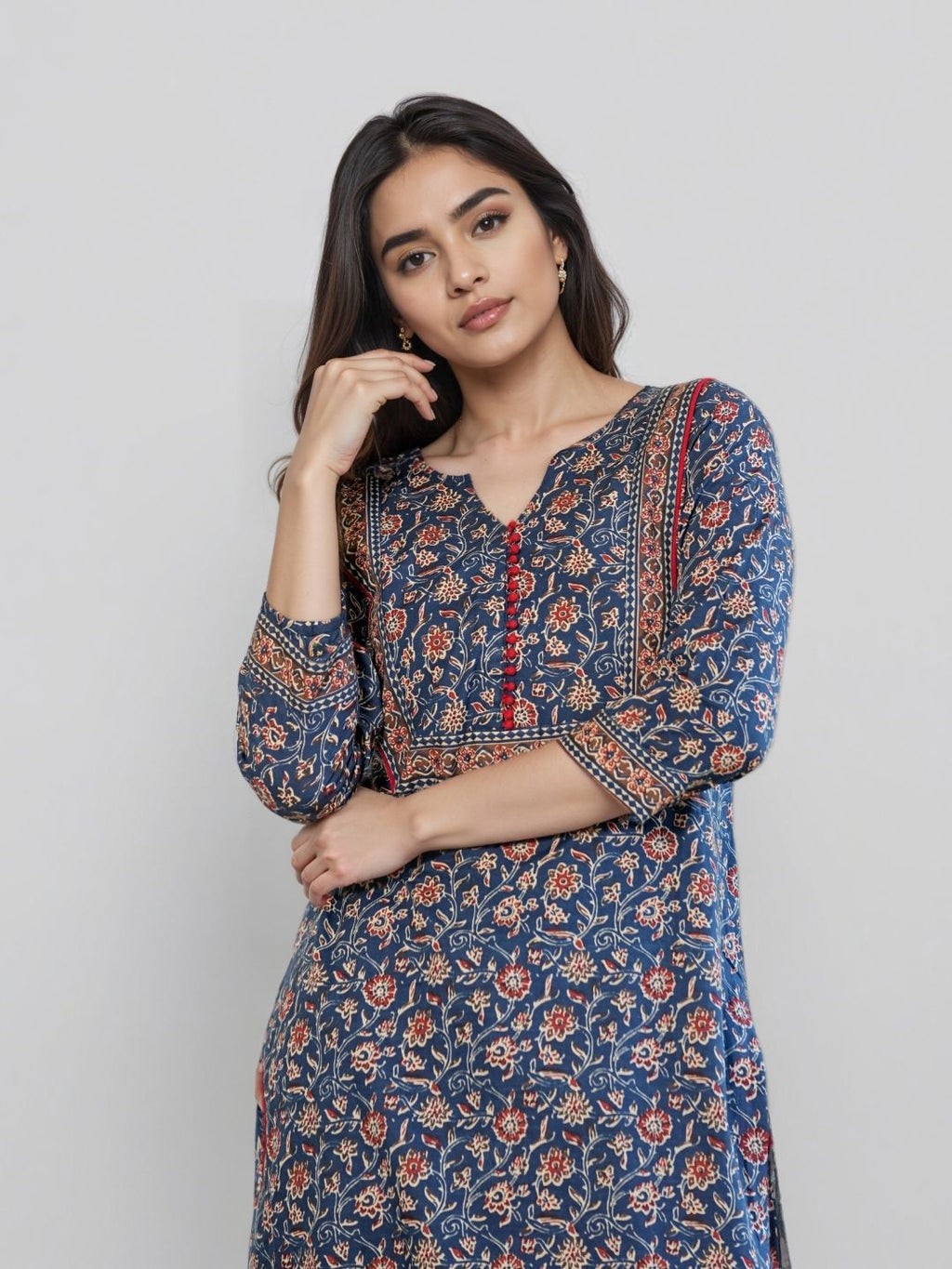 Floral Printed Notch Neck Pure Cotton Straight Kurta