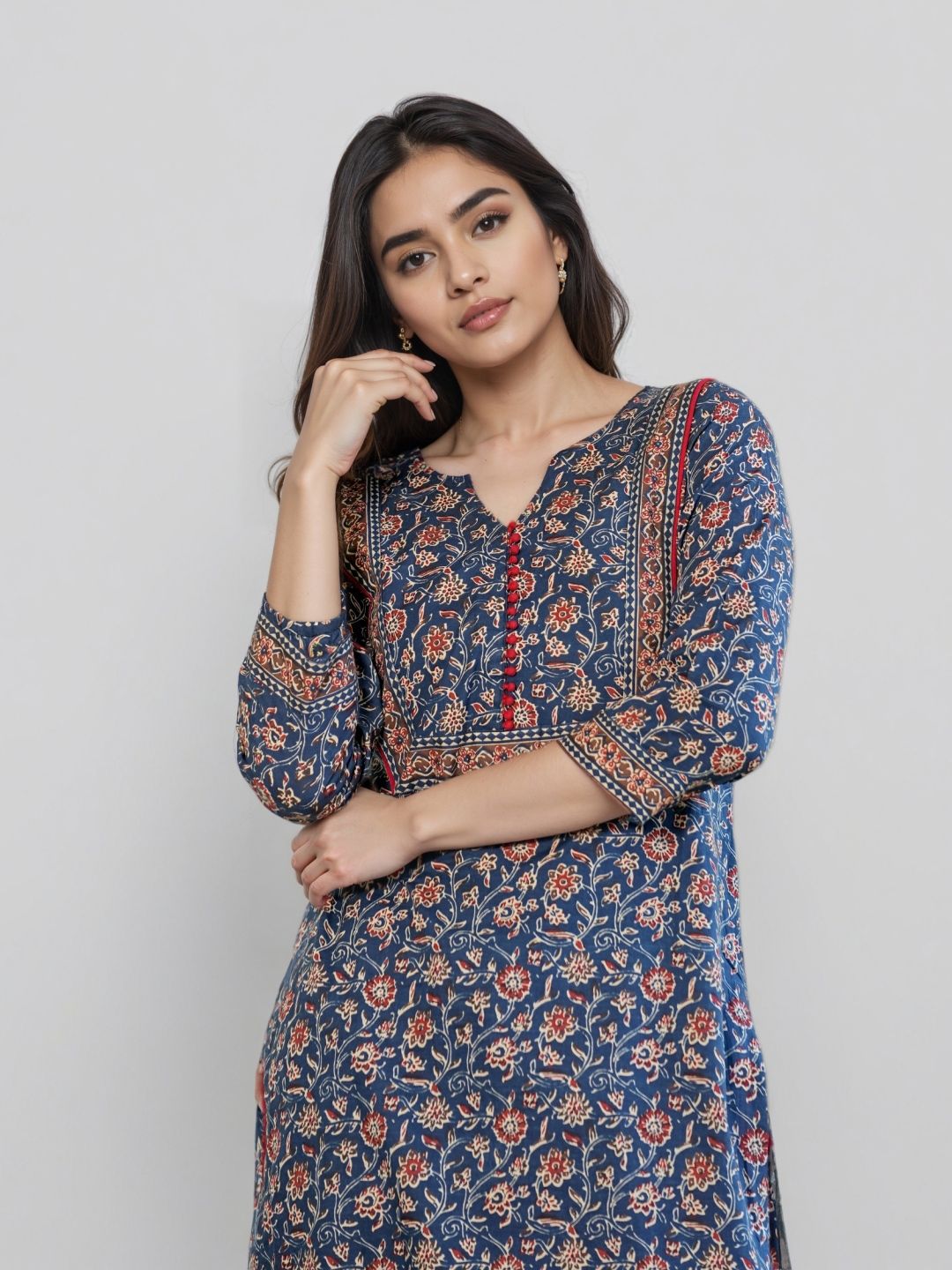 Floral Printed Notch Neck Pure Cotton Straight Kurta