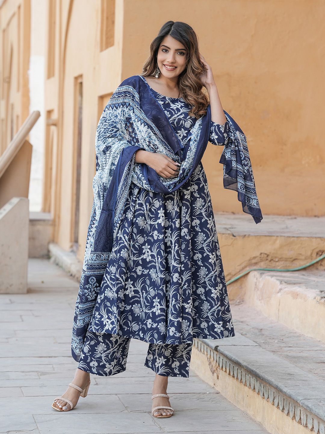 Dhimhi Women's Floral Printed Pure Cotton Anarkali Kurta with Trousers & Dupatta