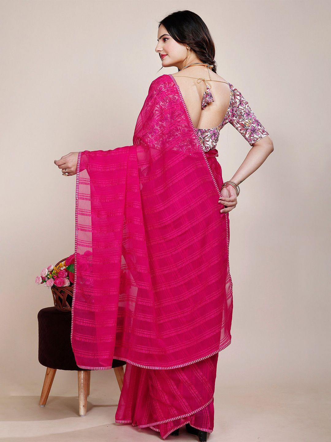 Dhimhi Women's Striped Pure Chiffon Saree With Unstitched Blouse Piece