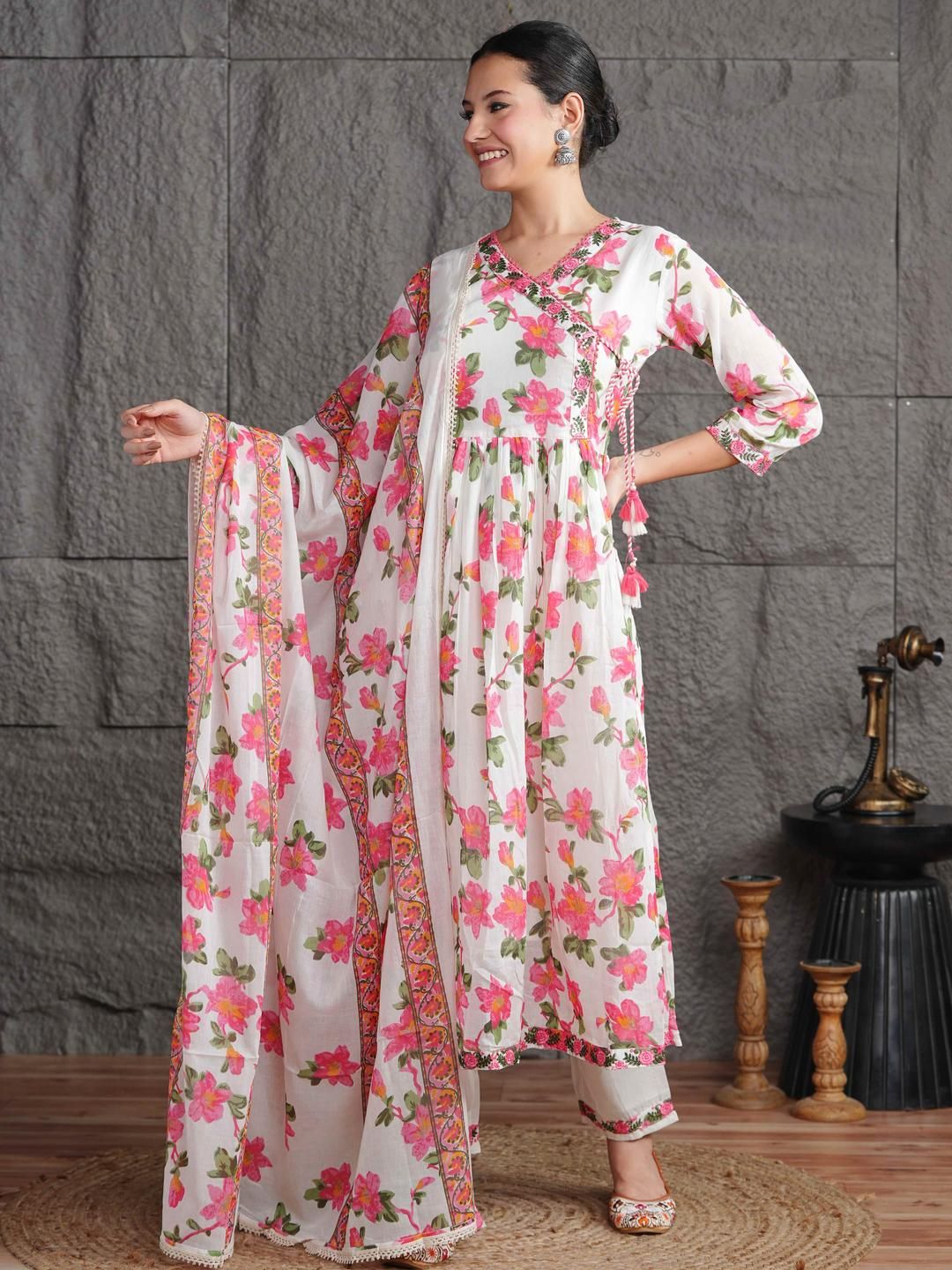 Dhimhi Women Anarkali Kurta & Angarkha Pattern & Embroidery Work Kurta Trousers & Dupatta