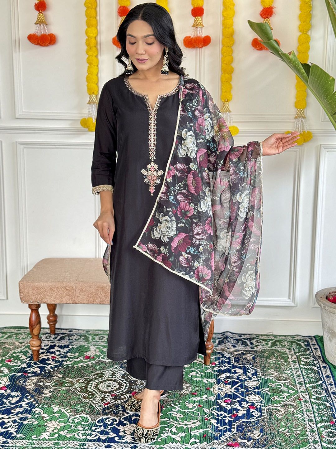 Dhimhi Women's Floral Embroidered Notch Neck Straight Kurta With Trousers And Dupatta