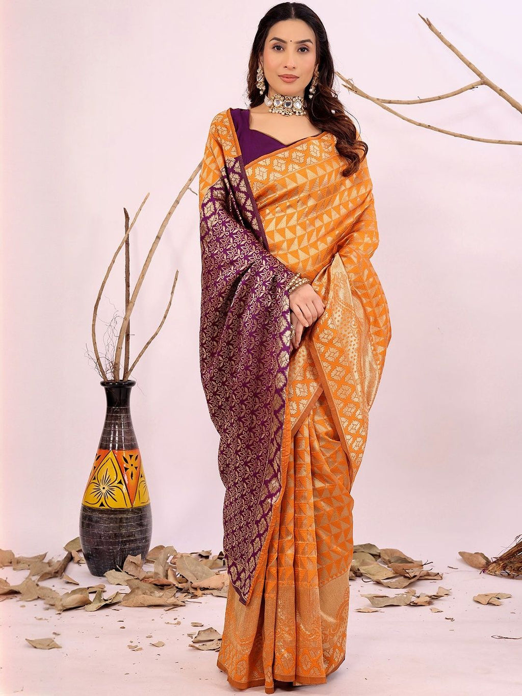 Dhimhi Women's Orange Woven Design Silk Cotton Kanjeevaram Sarees