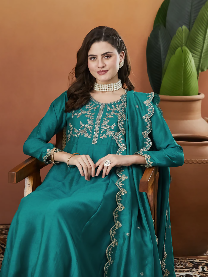 Dhimhi women's Vichitra silk Kurta set with embroidered flared Anarkali pants and matching dupatta, elegant and traditional.