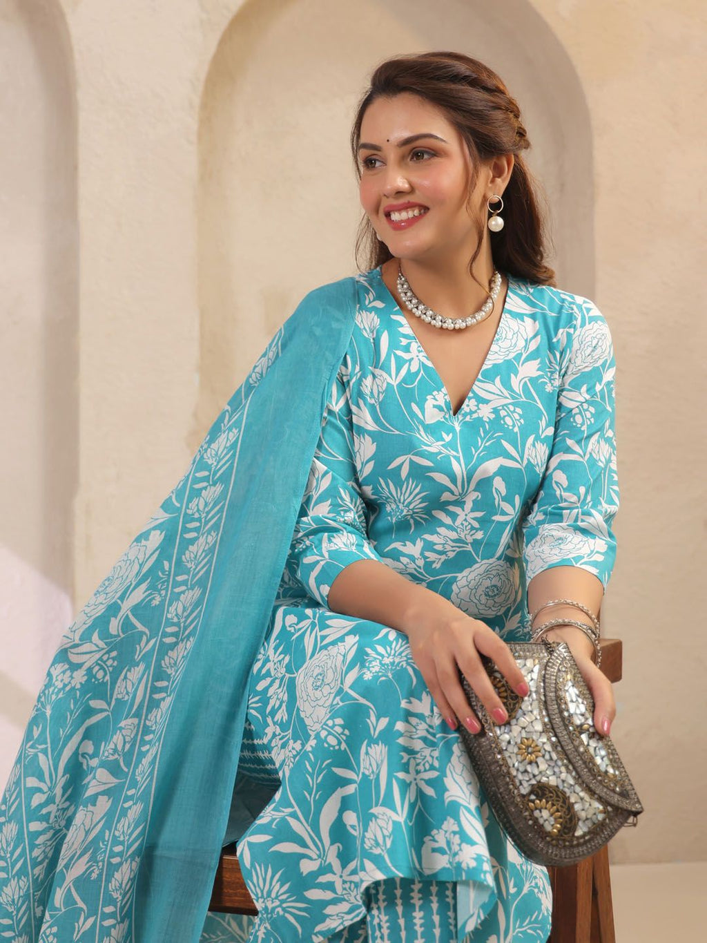 Dhimhi Women's Floral Printed Cotton Kurta with Trousers & Dupatta