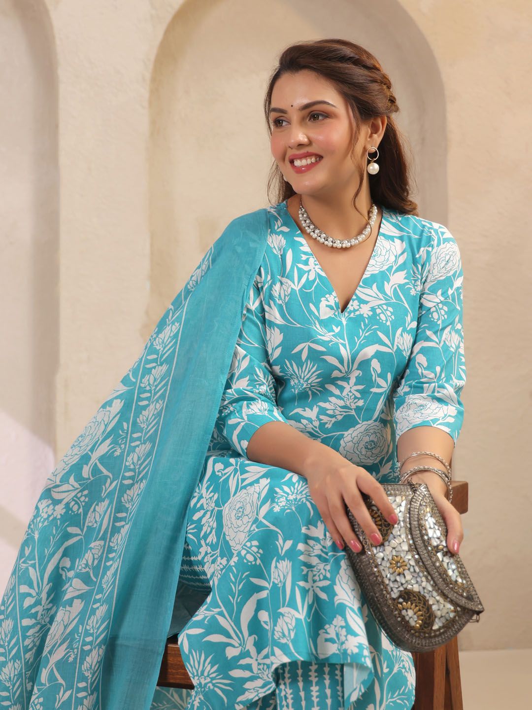 Dhimhi Women's Floral Printed Cotton Kurta with Trousers & Dupatta